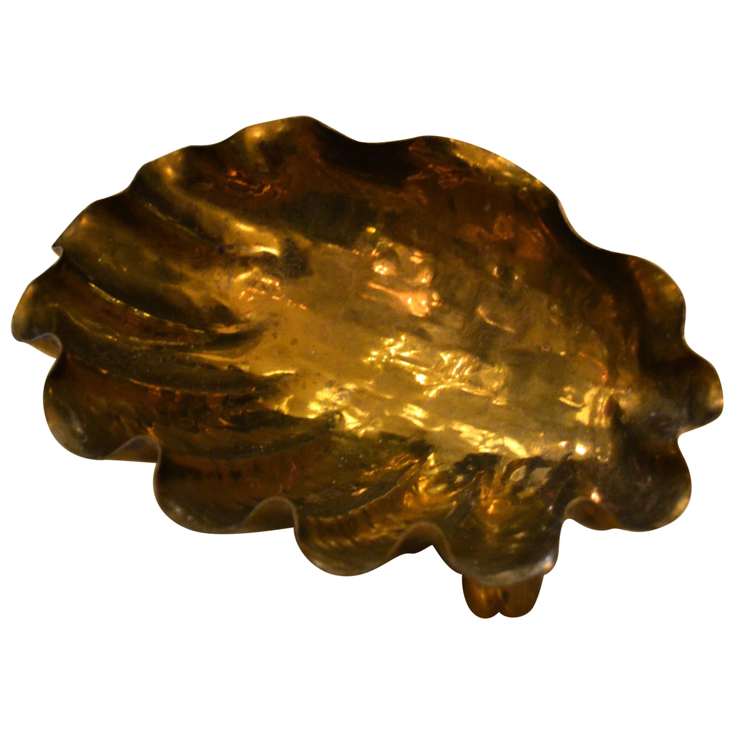 Italian Golden Hand-Hammered Bronze Clam Footed Bowl Key Dish Catchall Italy For Sale