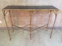 Italian Golden Metal Bamboo Shape and Black Glass Console
