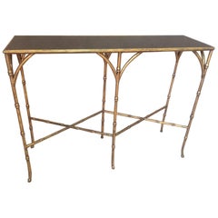 Italian Golden Metal Bamboo Shape and Black Glass Console Italian Golden Metal Bamboo Shape and Black Glass Console