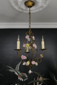Italian Golden Metal Three-Light Chandelier with Porcelain Roses, ca. 1970s