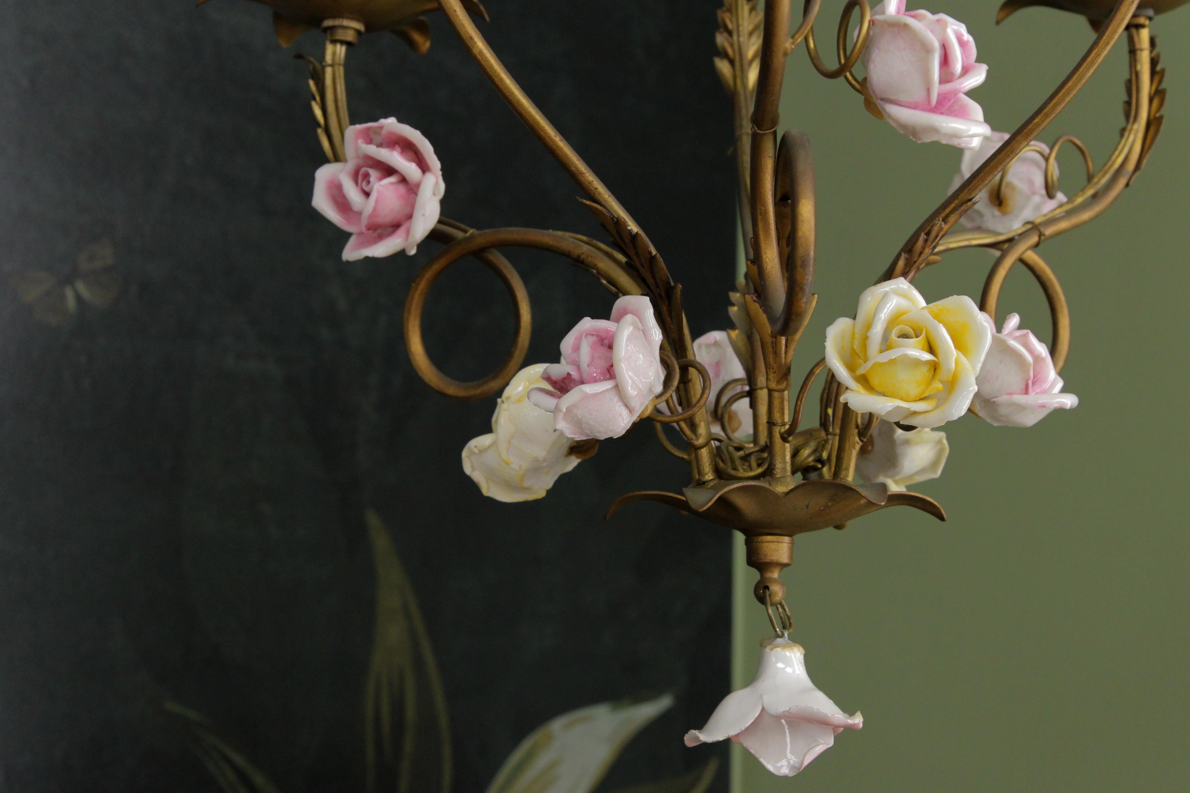 Italian Golden Metal Three-Light Chandelier with Porcelain Roses, ca. 1970s For Sale 3