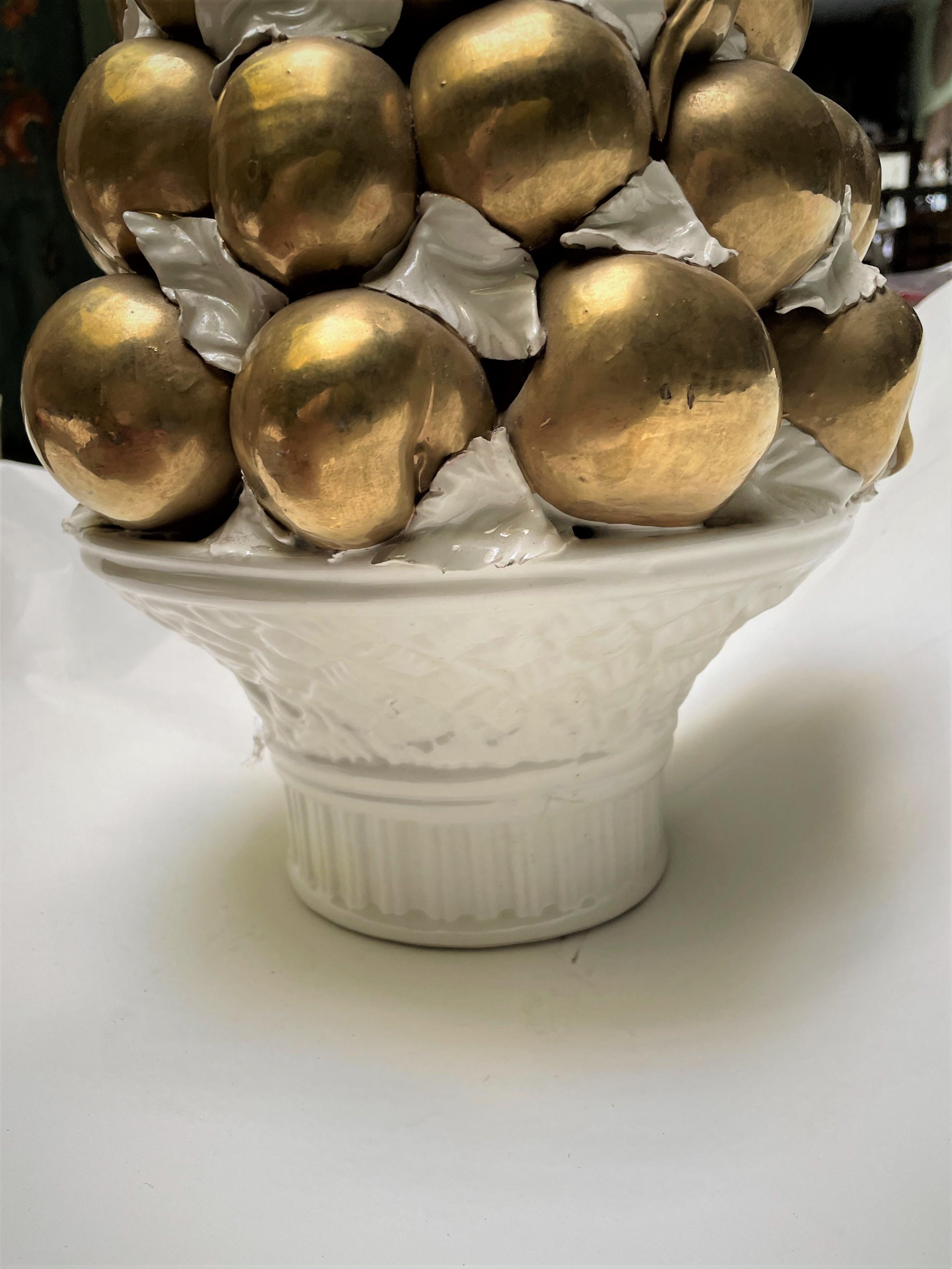 Mid-Century Modern Italian Golden Peach/Plum/Fruit & White Leaves in White Basket Ceramic Topiary  For Sale
