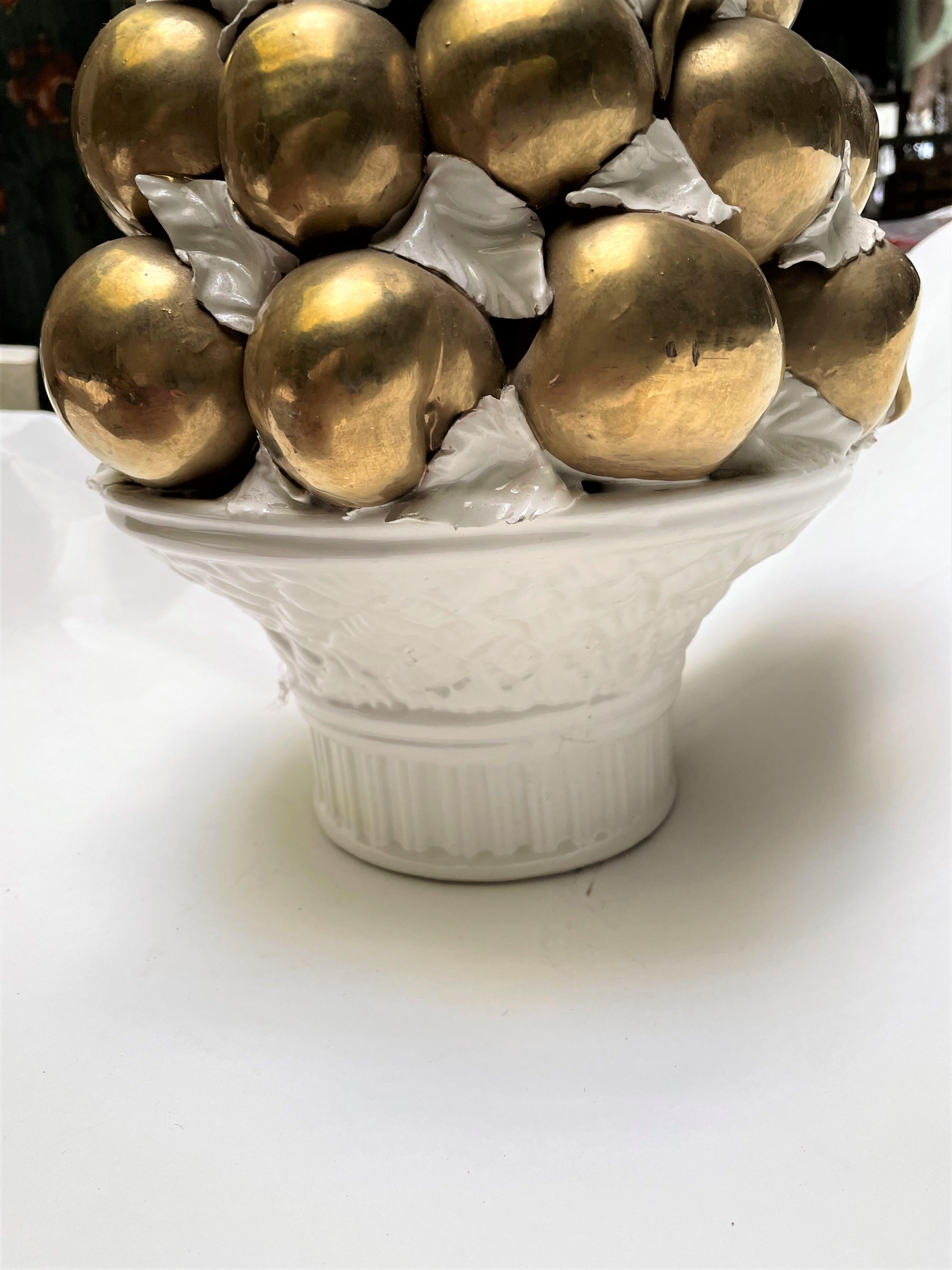 Glazed Italian Golden Peach/Plum/Fruit & White Leaves in White Basket Ceramic Topiary  For Sale