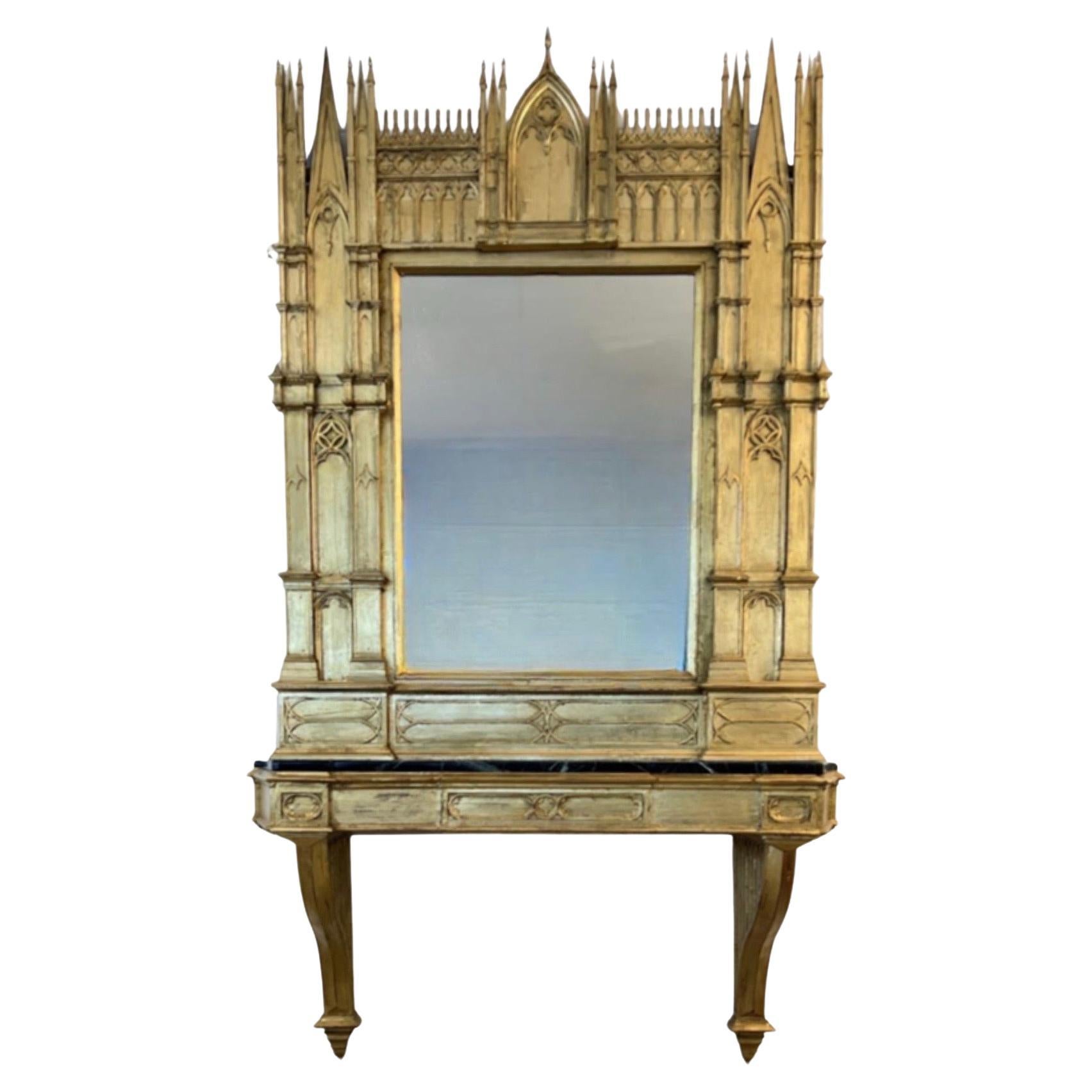 Italienische gotische Spiegelkonsole mit schwarzem Marmor im Angebot