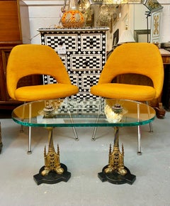 Italian Gothic Renaissance Style Brass Pedestals and Glass Top Coffee Table