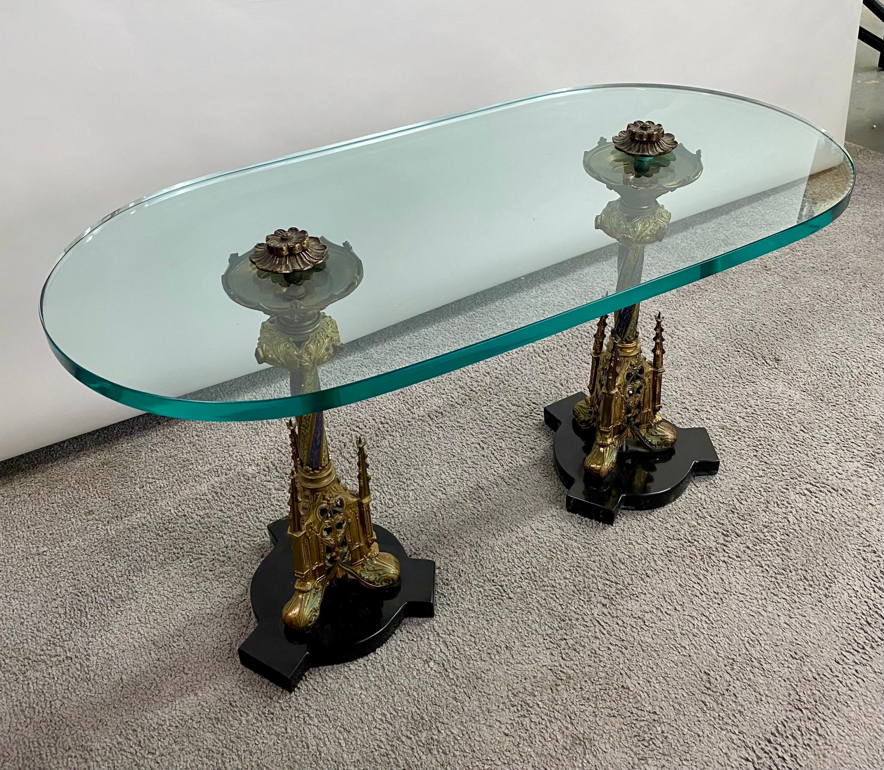 Gothic Revival Italian Gothic Renaissance Style Brass Pedestals and Glass Top Coffee Table For Sale