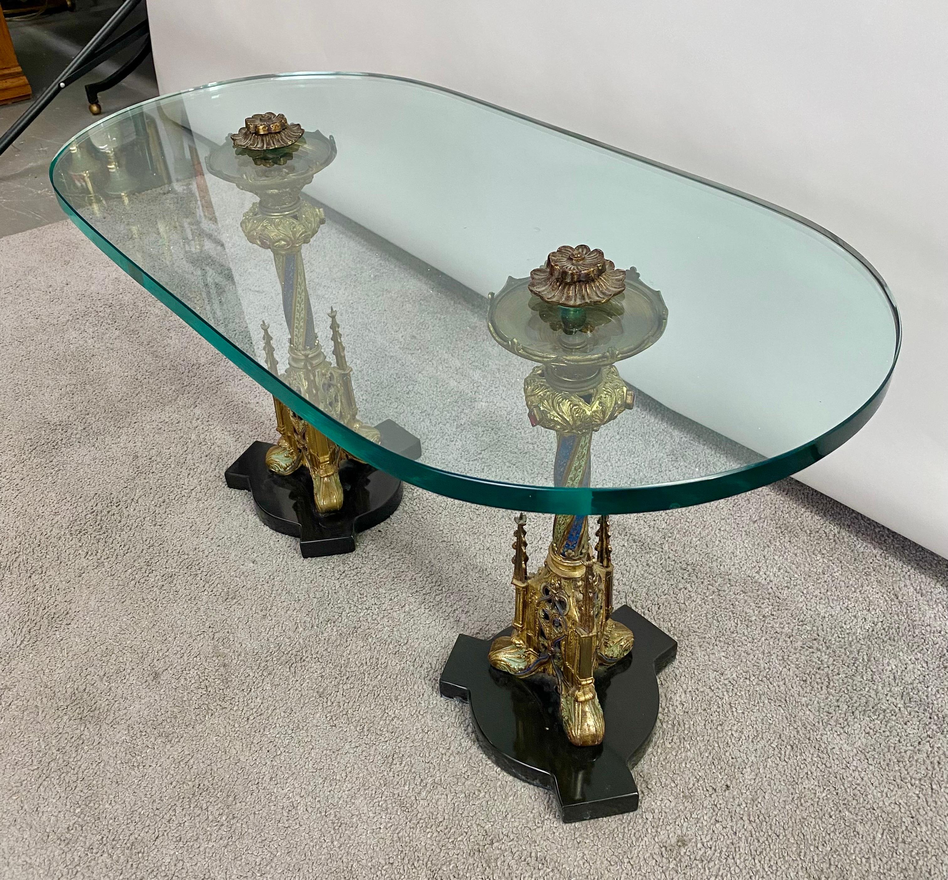 Italian Gothic Renaissance Style Brass Pedestals and Glass Top Coffee Table In Good Condition For Sale In Plainview, NY
