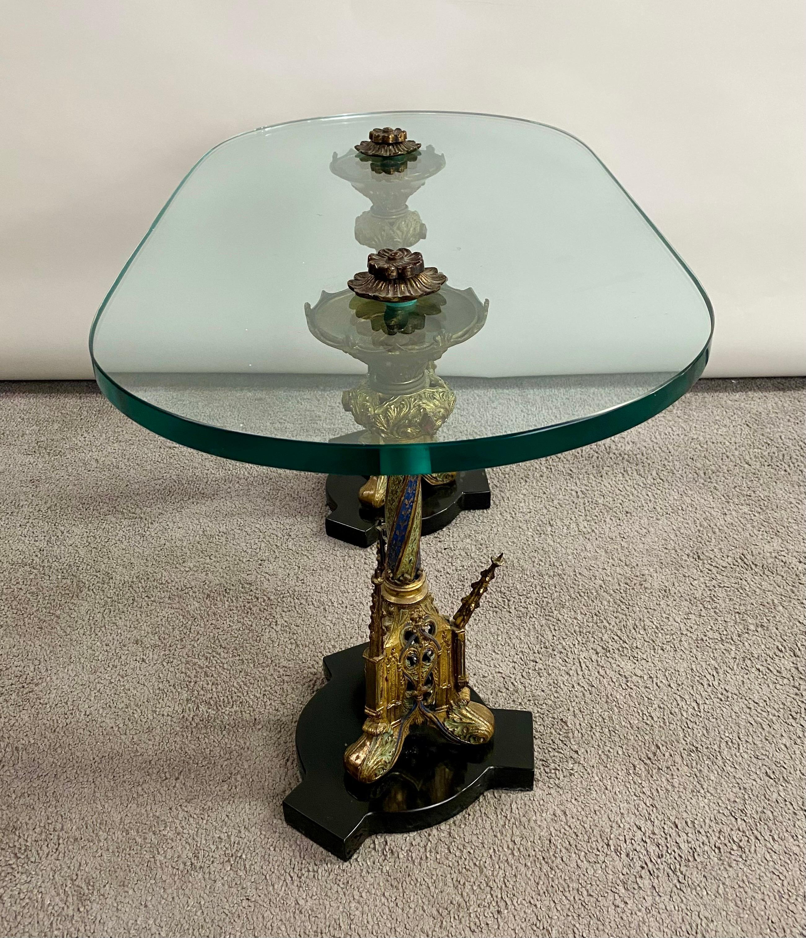 20th Century Italian Gothic Renaissance Style Brass Pedestals and Glass Top Coffee Table For Sale
