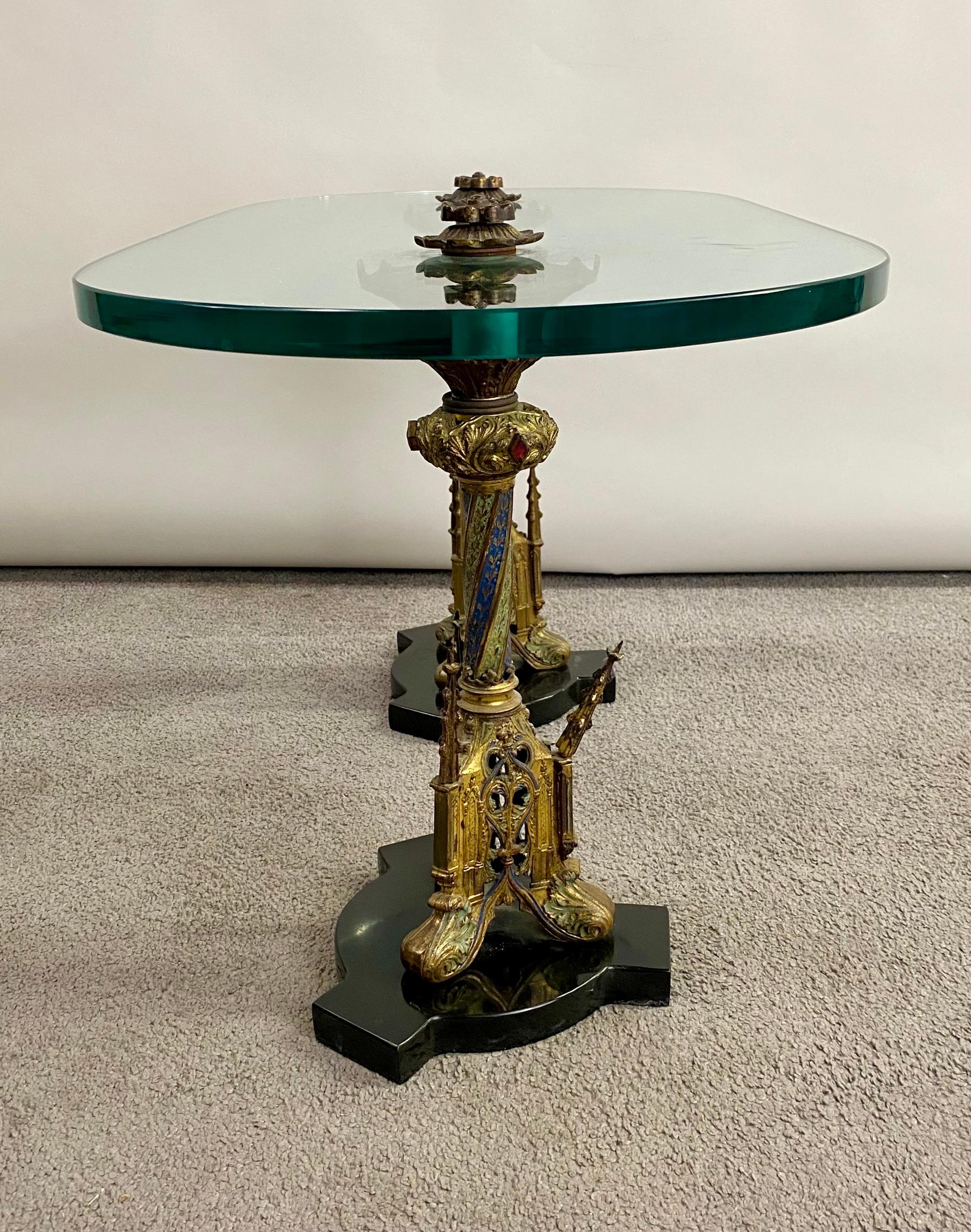 Italian Gothic Renaissance Style Brass Pedestals and Glass Top Coffee Table For Sale 1