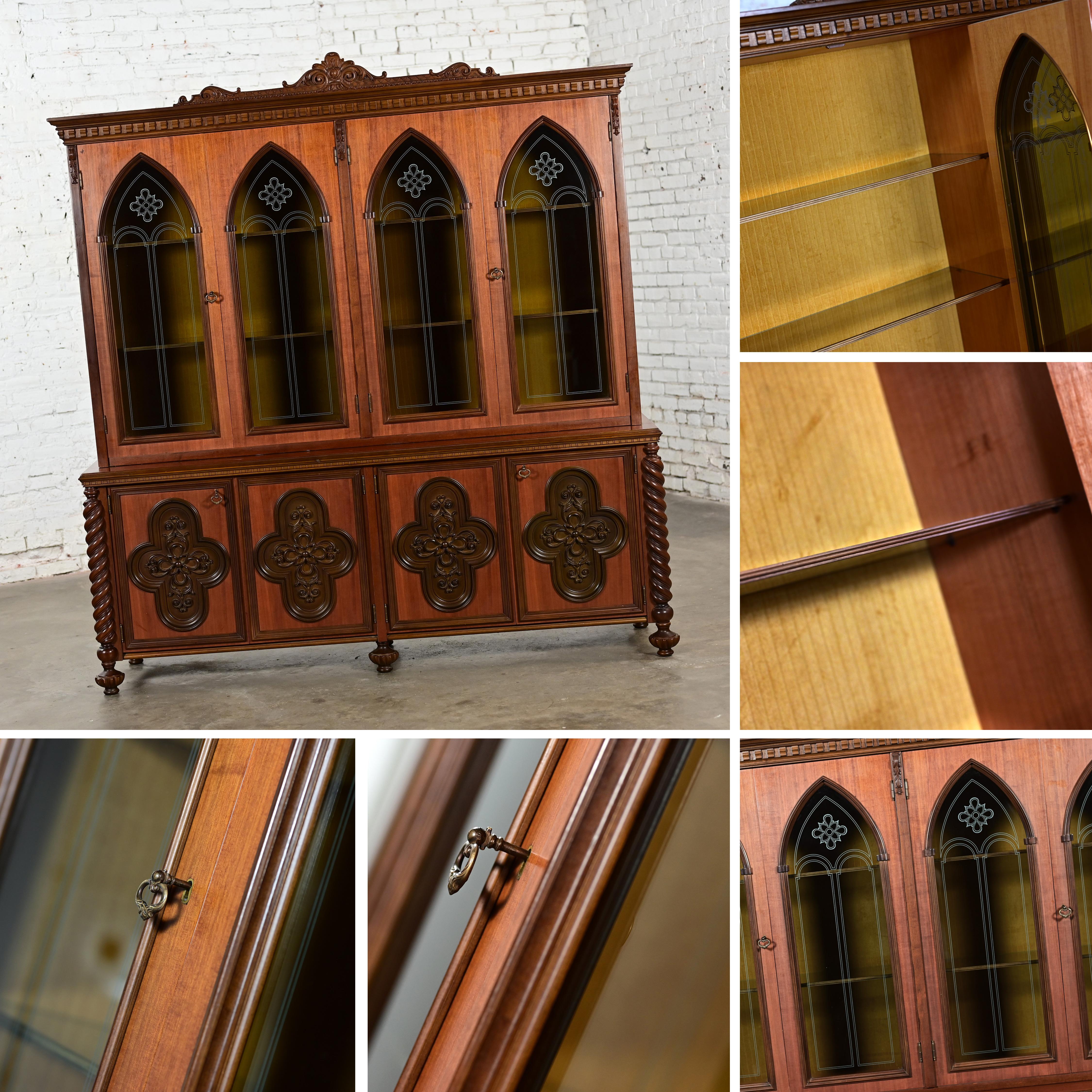 Italian Gothic Revival Bookcase or Display Cabinet Wood Glass & Plastic Accents For Sale 9