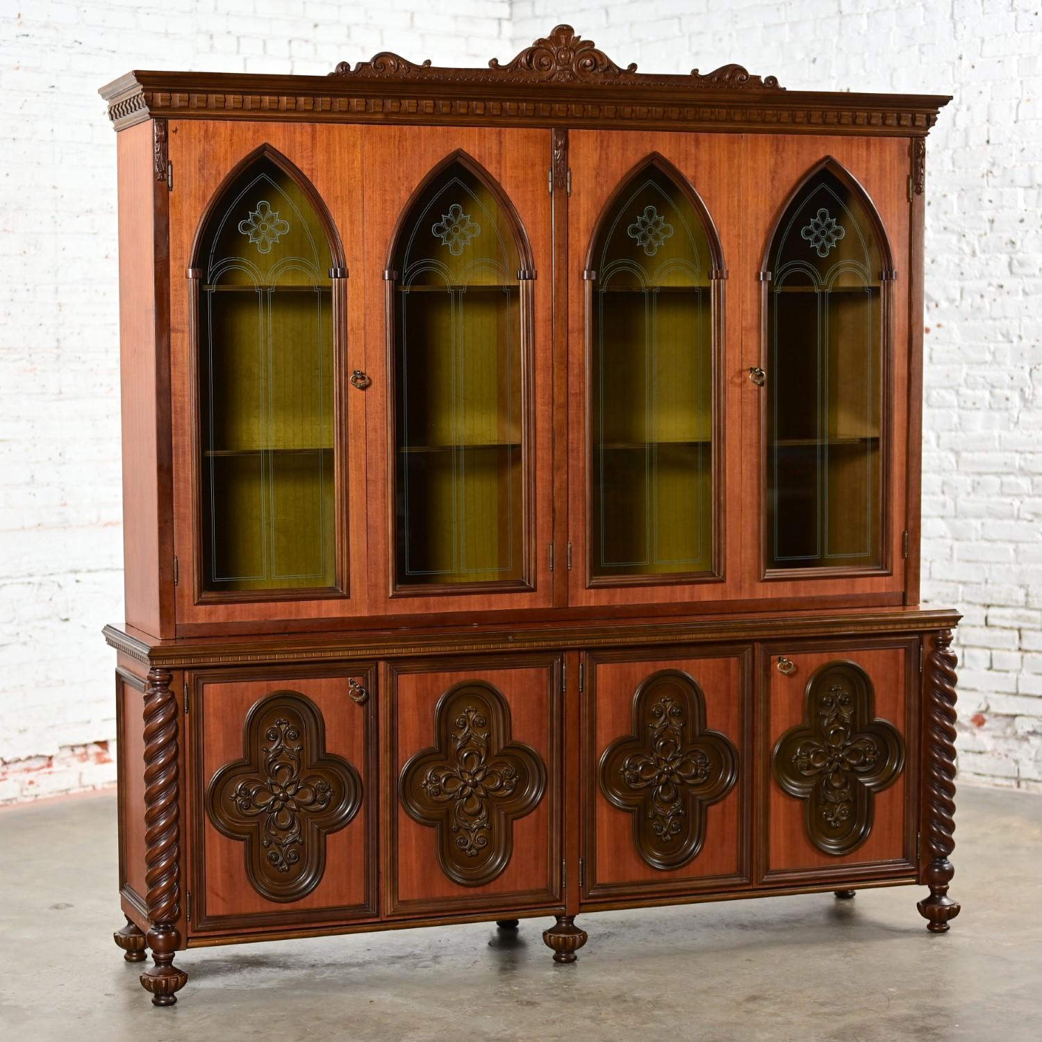 Italian Gothic Revival Bookcase or Display Cabinet Wood Glass & Plastic Accents For Sale 13