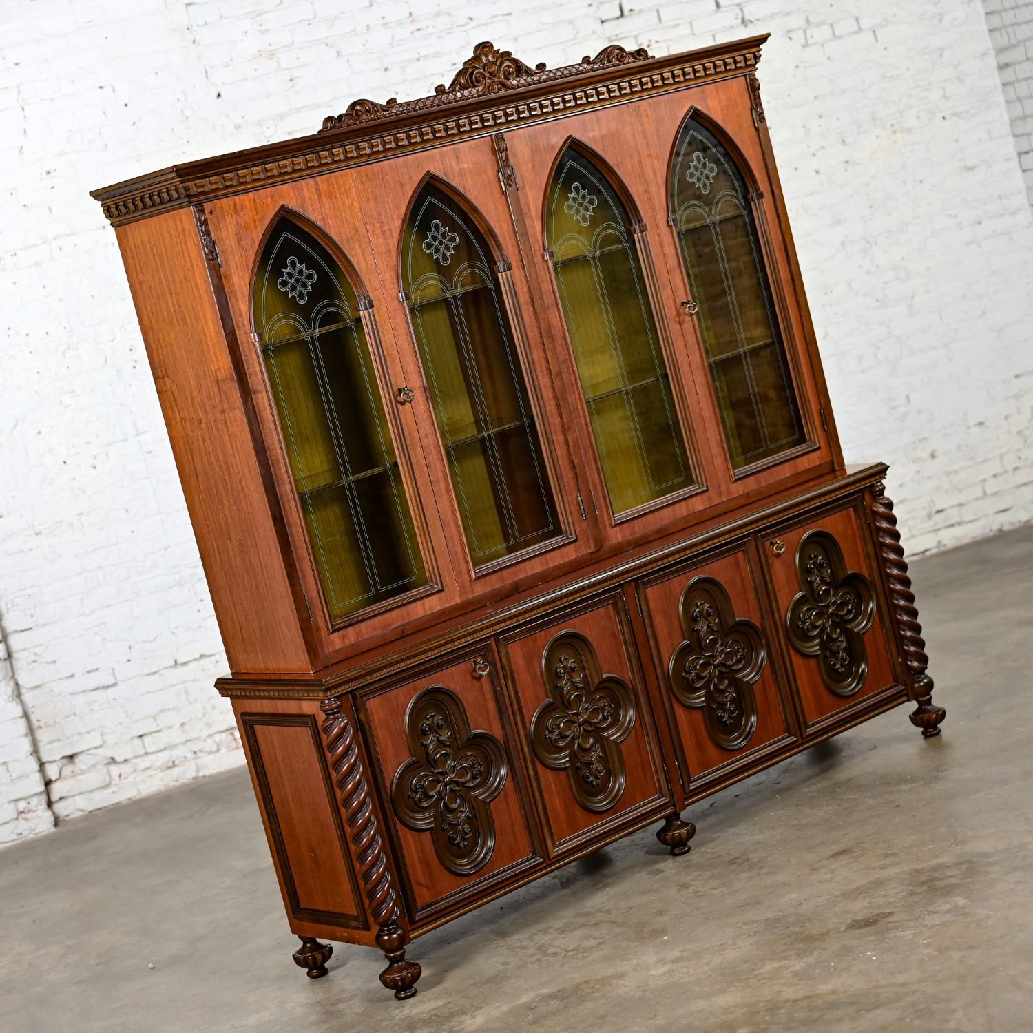 Italian Gothic Revival Bookcase or Display Cabinet Wood Glass & Plastic Accents In Good Condition For Sale In Topeka, KS