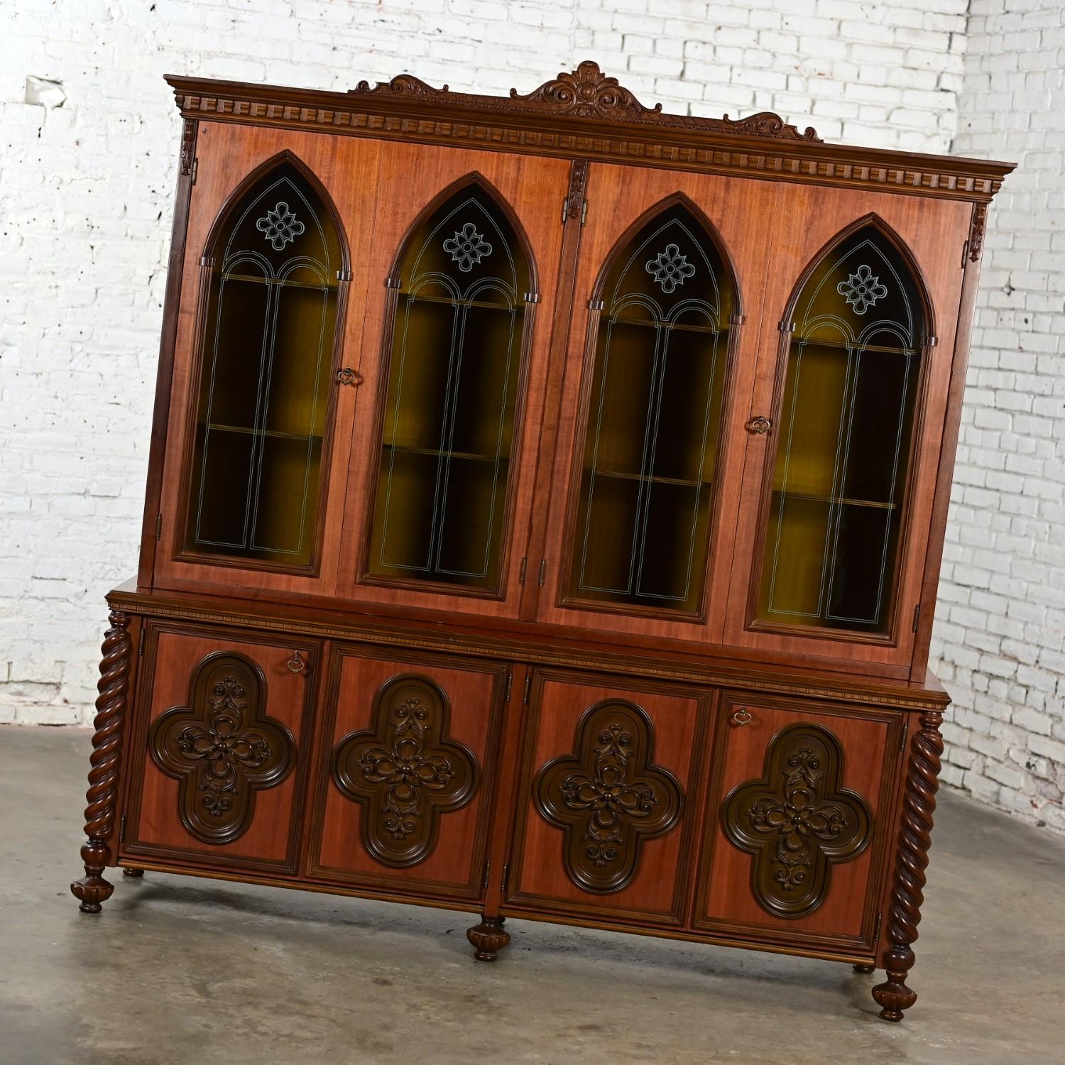Mid-20th Century Italian Gothic Revival Bookcase or Display Cabinet Wood Glass & Plastic Accents For Sale
