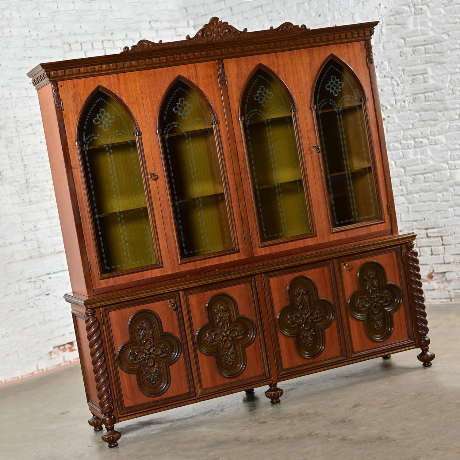 Brass Italian Gothic Revival Bookcase or Display Cabinet Wood Glass & Plastic Accents For Sale