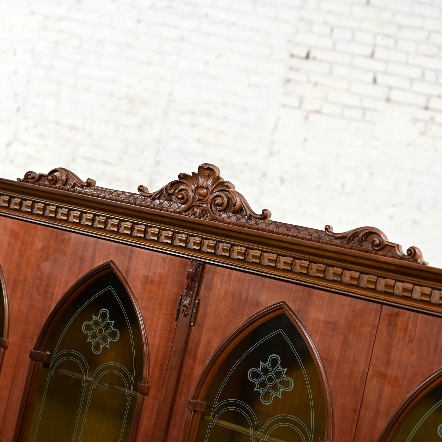 Italian Gothic Revival Bookcase or Display Cabinet Wood Glass & Plastic Accents For Sale 3