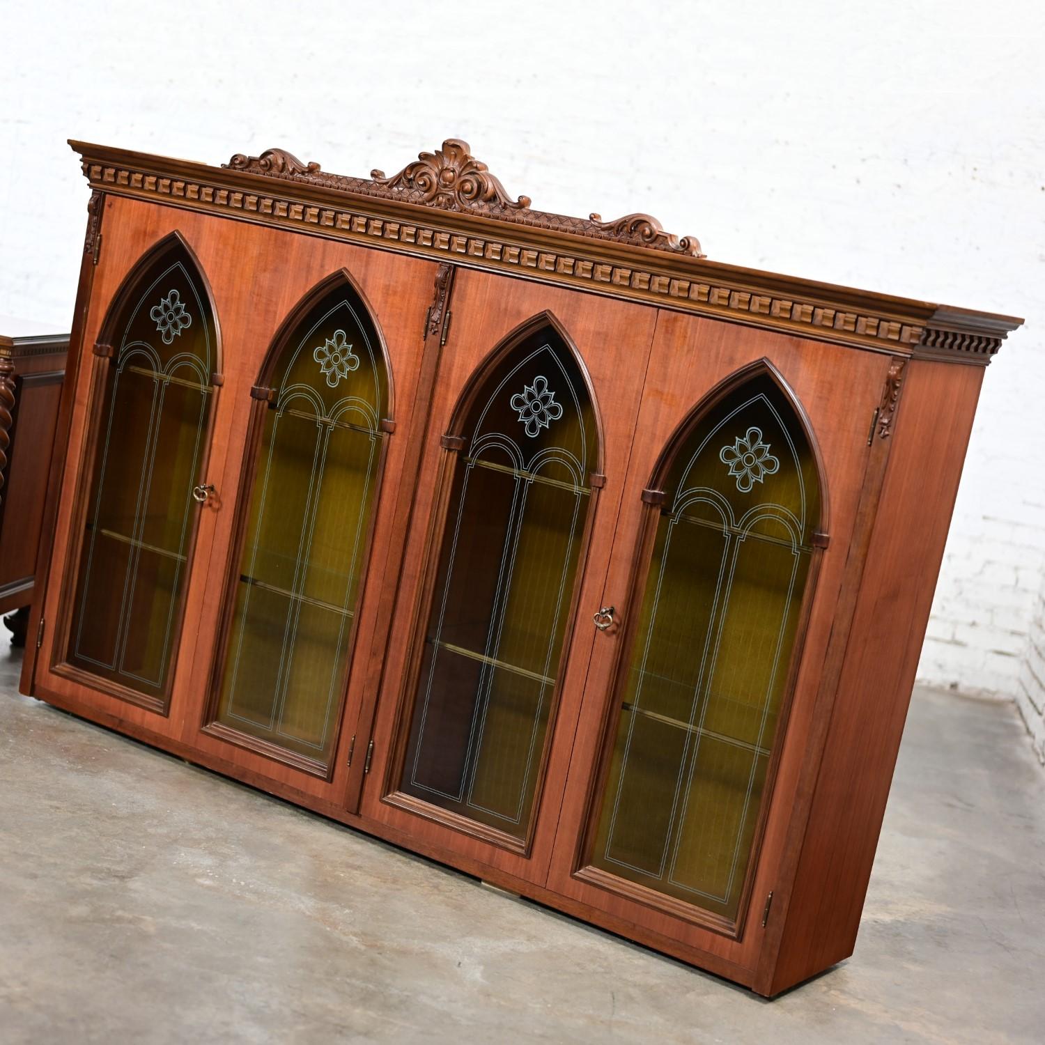 Italian Gothic Revival Bookcase or Display Cabinet Wood Glass & Plastic Accents For Sale 4