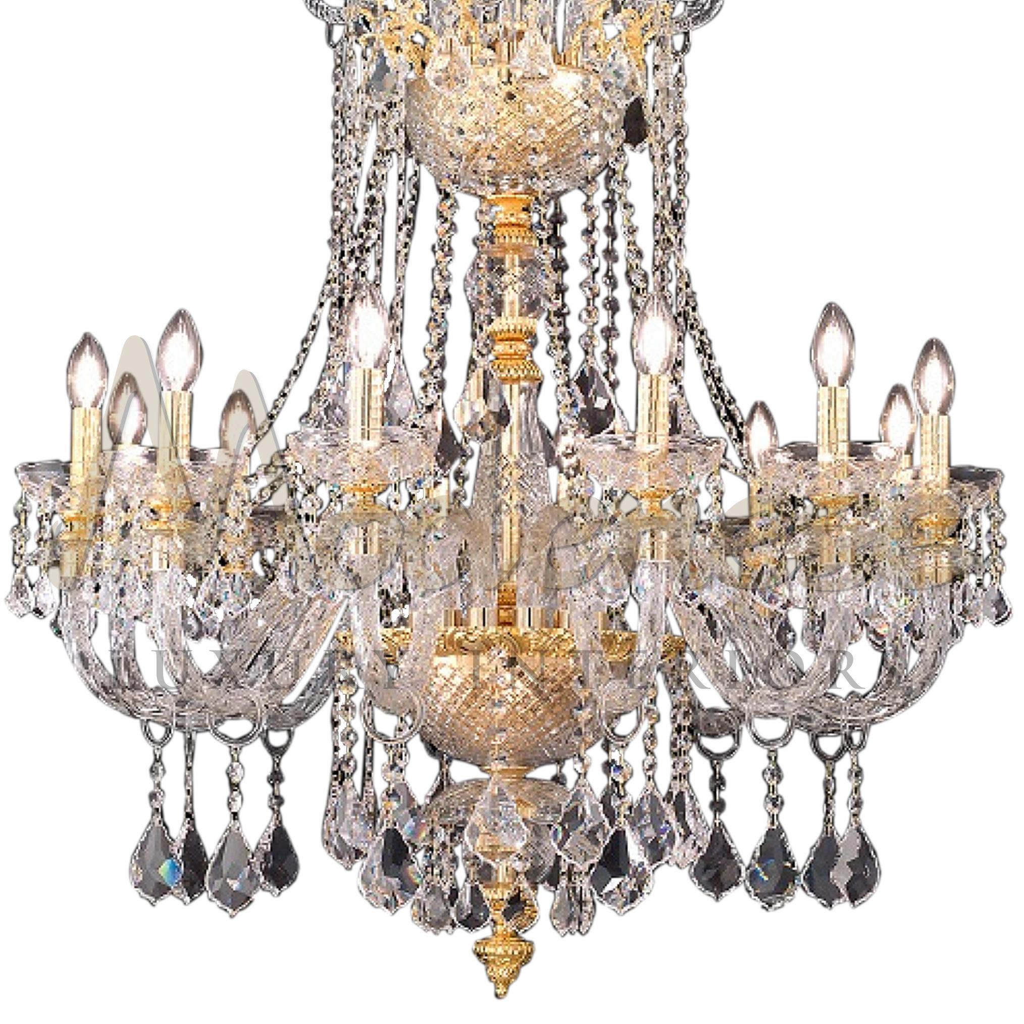 Eternal and beautiful brass bases, elegant Italian 12-lights chandelier with sparkling luxury decorative elements made of Scholer crystals and gold finishing will become a royal decoration to any interior, whether it is a restaurant, hotel, country