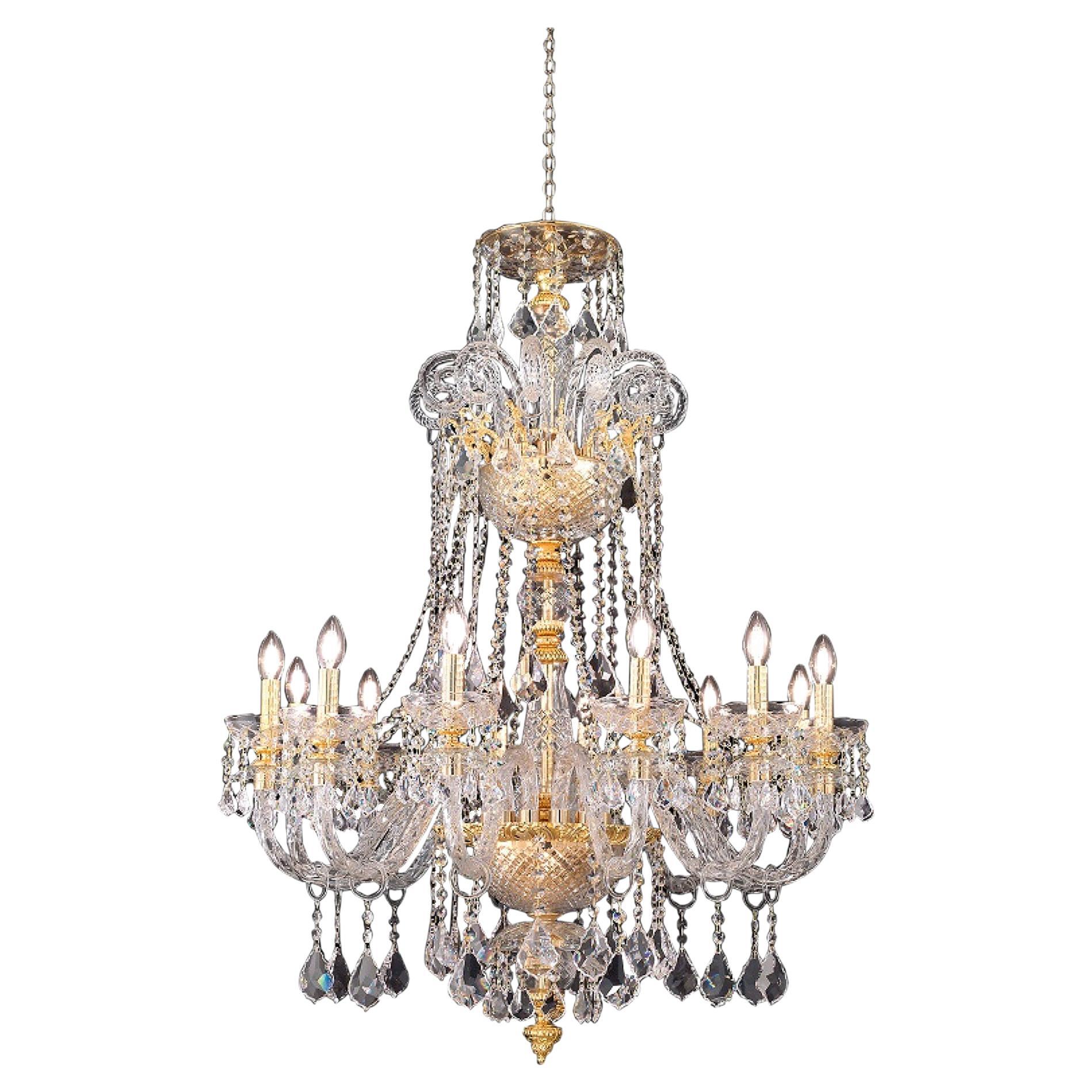 Italian Grand Luxury Gold Plated 12 Lights Chandelier with Clear Scholer Crystal For Sale