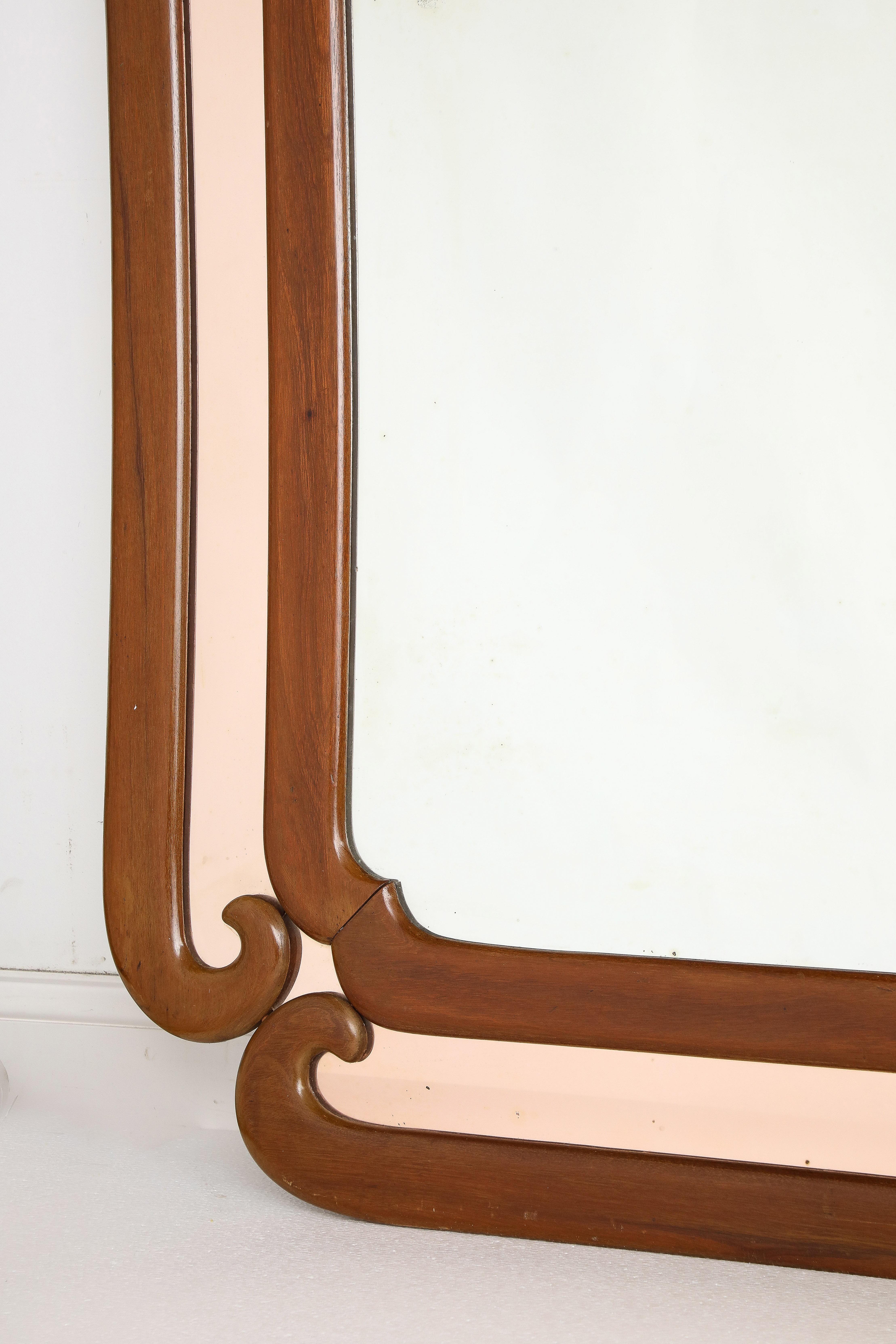 Mid-Century Modern Italian Grand Scale Modernist Walnut and Rose Gold Mirror, circa 1950 For Sale