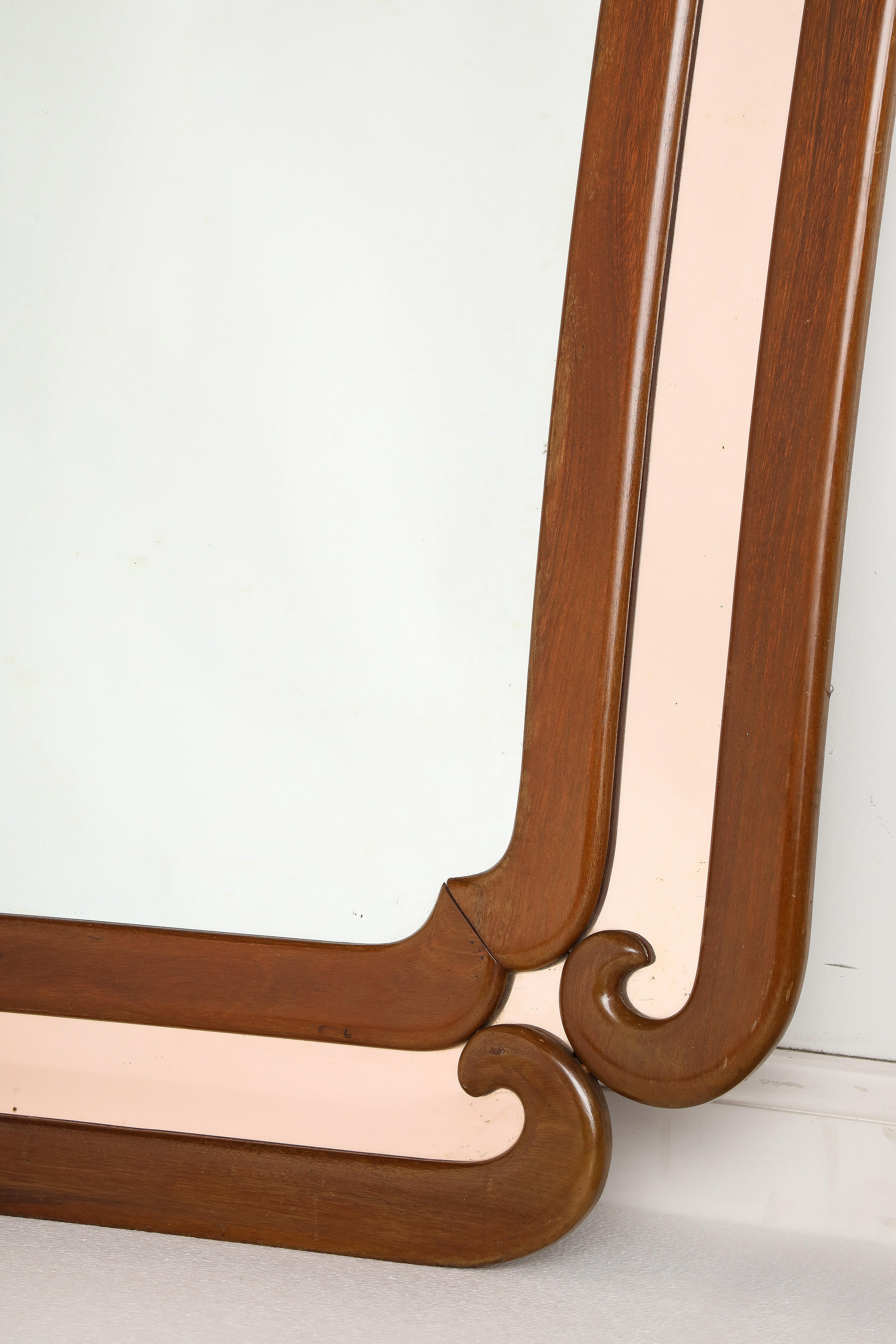 Italian Grand Scale Modernist Walnut and Rose Gold Mirror, circa 1950 In Good Condition For Sale In New York, NY