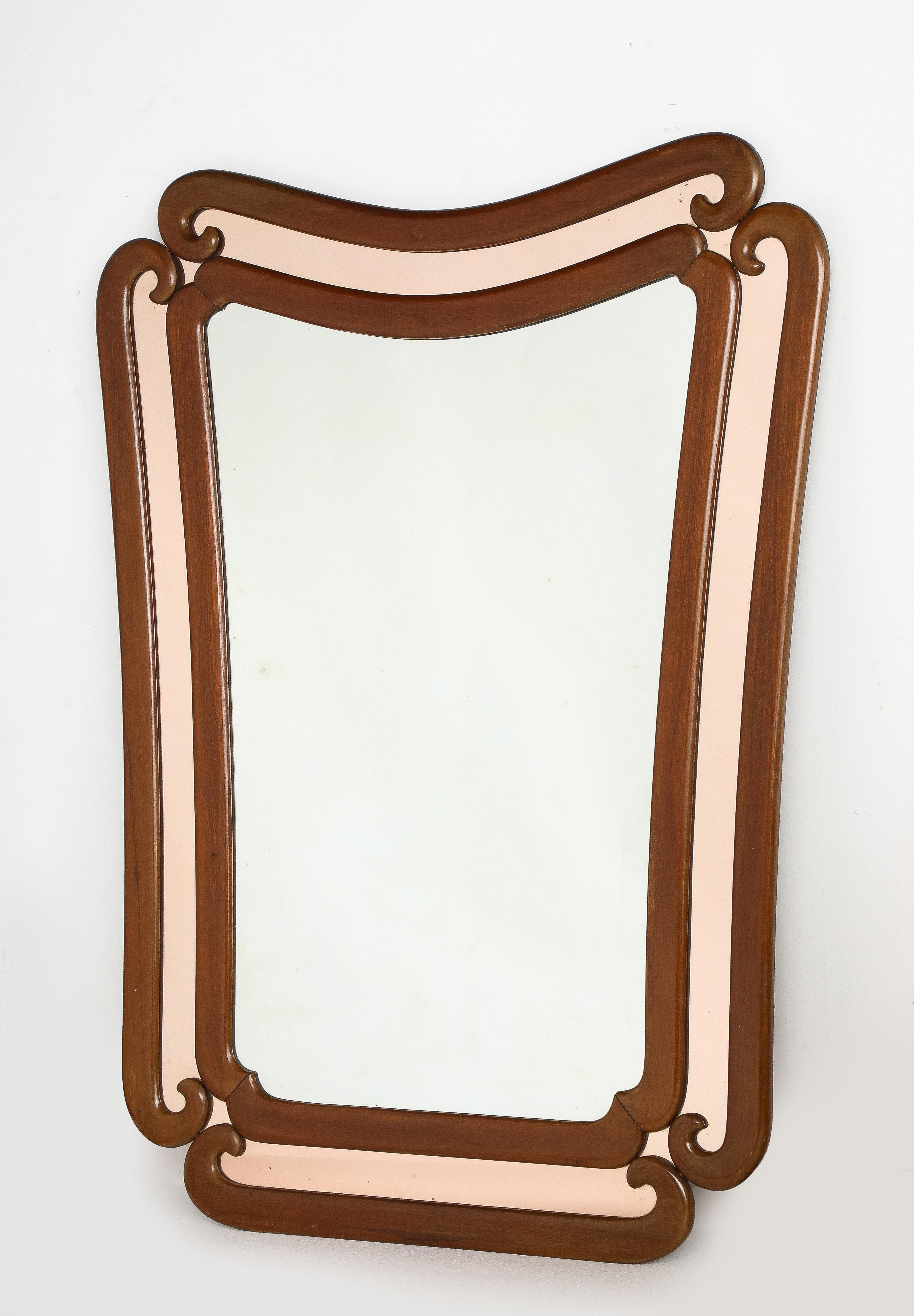Italian Grand Scale Modernist Walnut and Rose Gold Mirror, circa 1950 For Sale 1