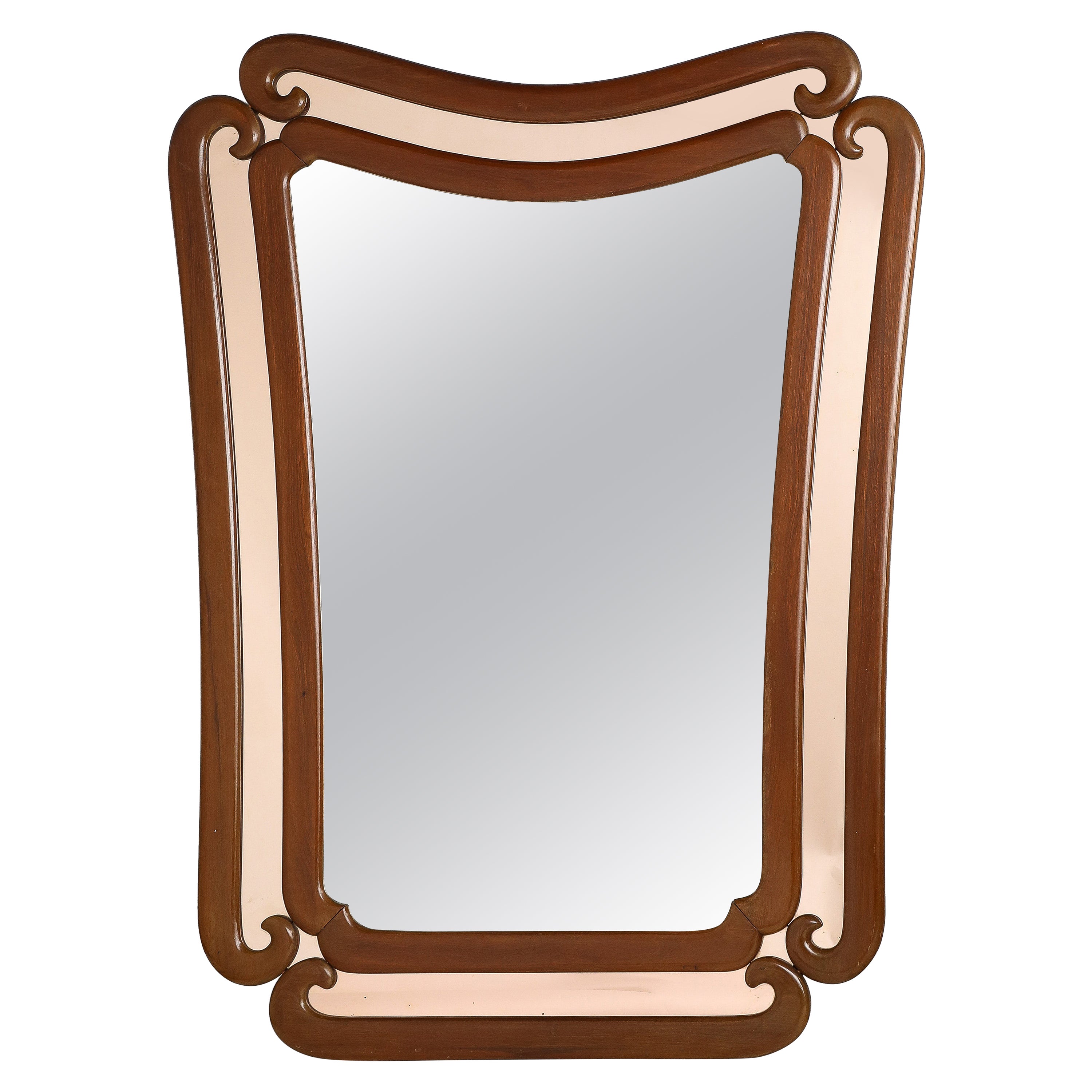 Miroir moderniste italien à grande échelle en noyer et or rose, vers 1950
