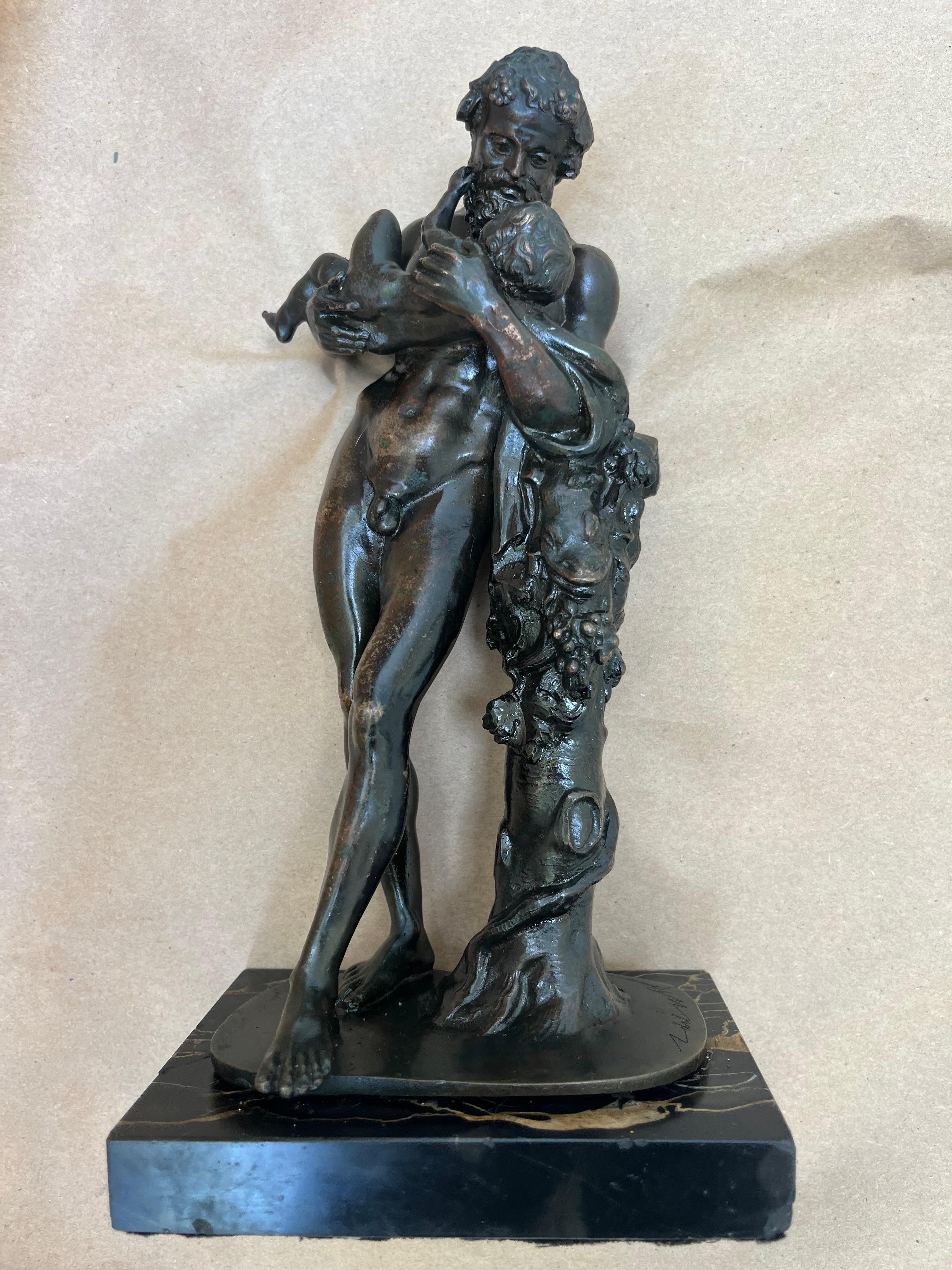Italian Grand Tour 19th C. Bronze Statue of Silenus Cradling Infant Dionysus For Sale 6