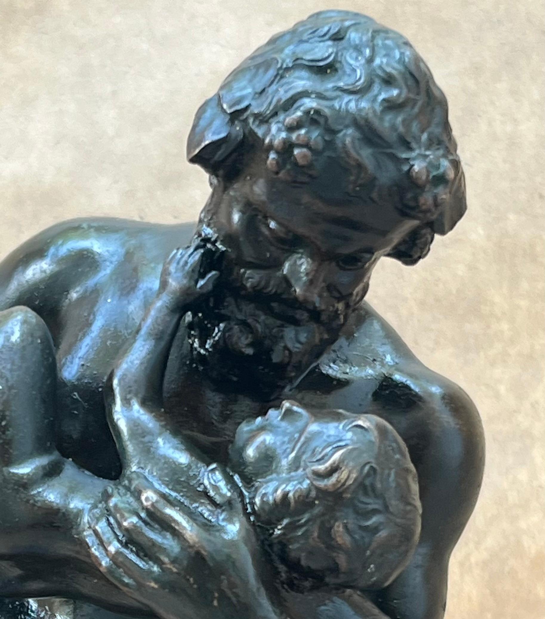 Cast Italian Grand Tour 19th C. Bronze Statue of Silenus Cradling Infant Dionysus For Sale