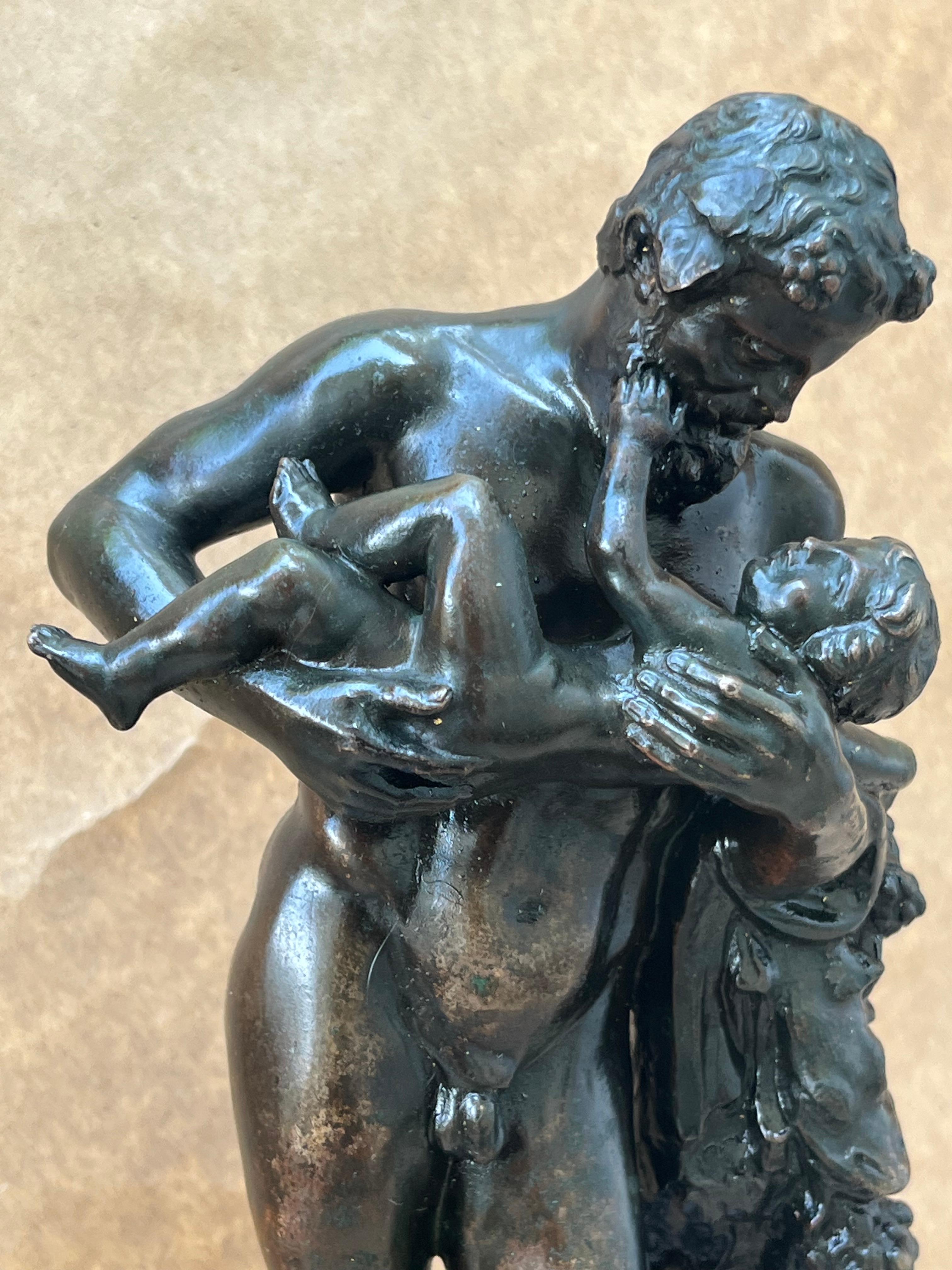 Italian Grand Tour 19th C. Bronze Statue of Silenus Cradling Infant Dionysus For Sale 1
