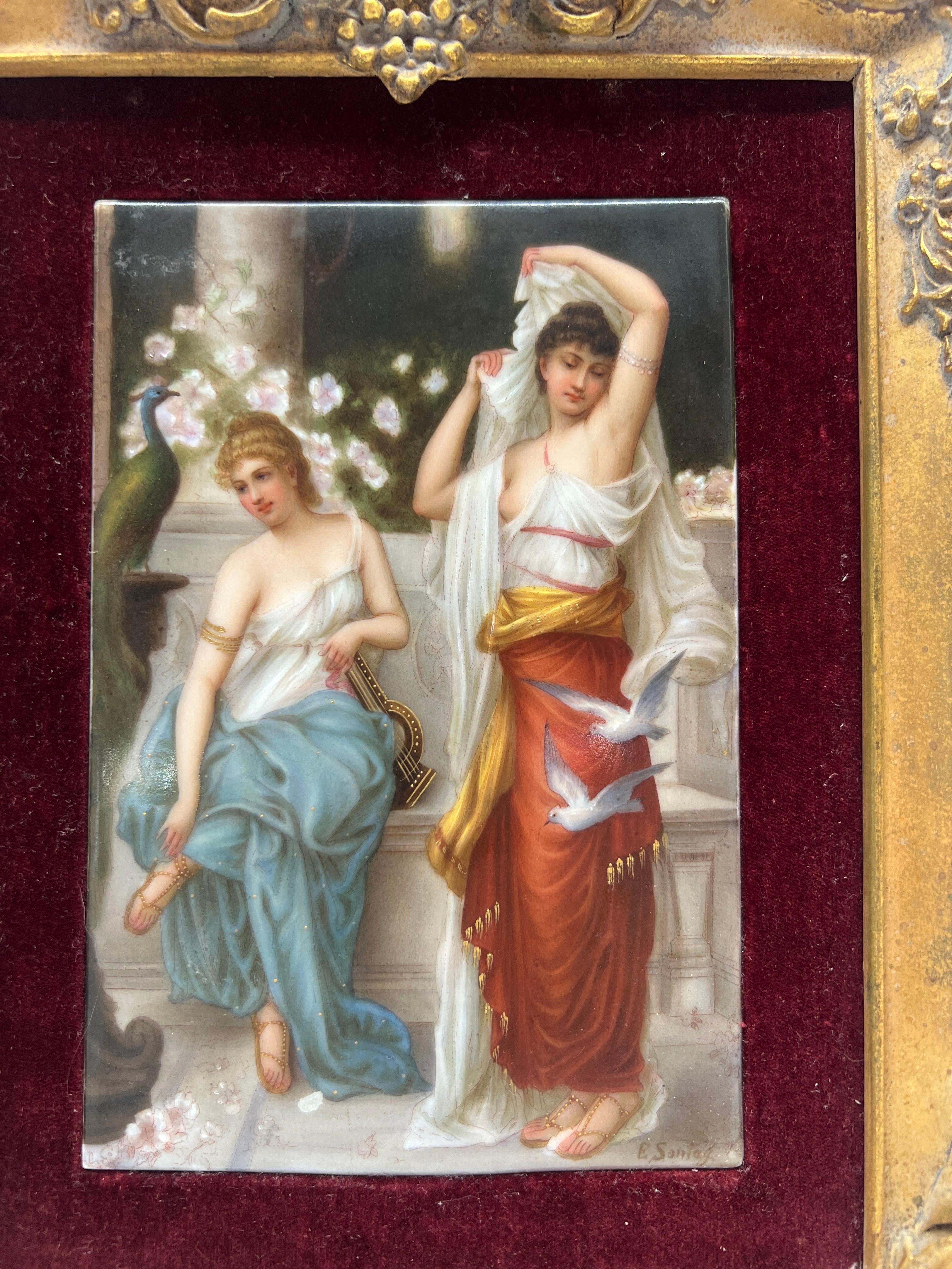 Italian, circa 1900.

A Firenze porcelain allegorical plaque depicting two extremely fine quality graces draped in beautiful dresses, flowers, gold accents to their clothing and shoes in addition to the doves flying past. Signed to the lower right