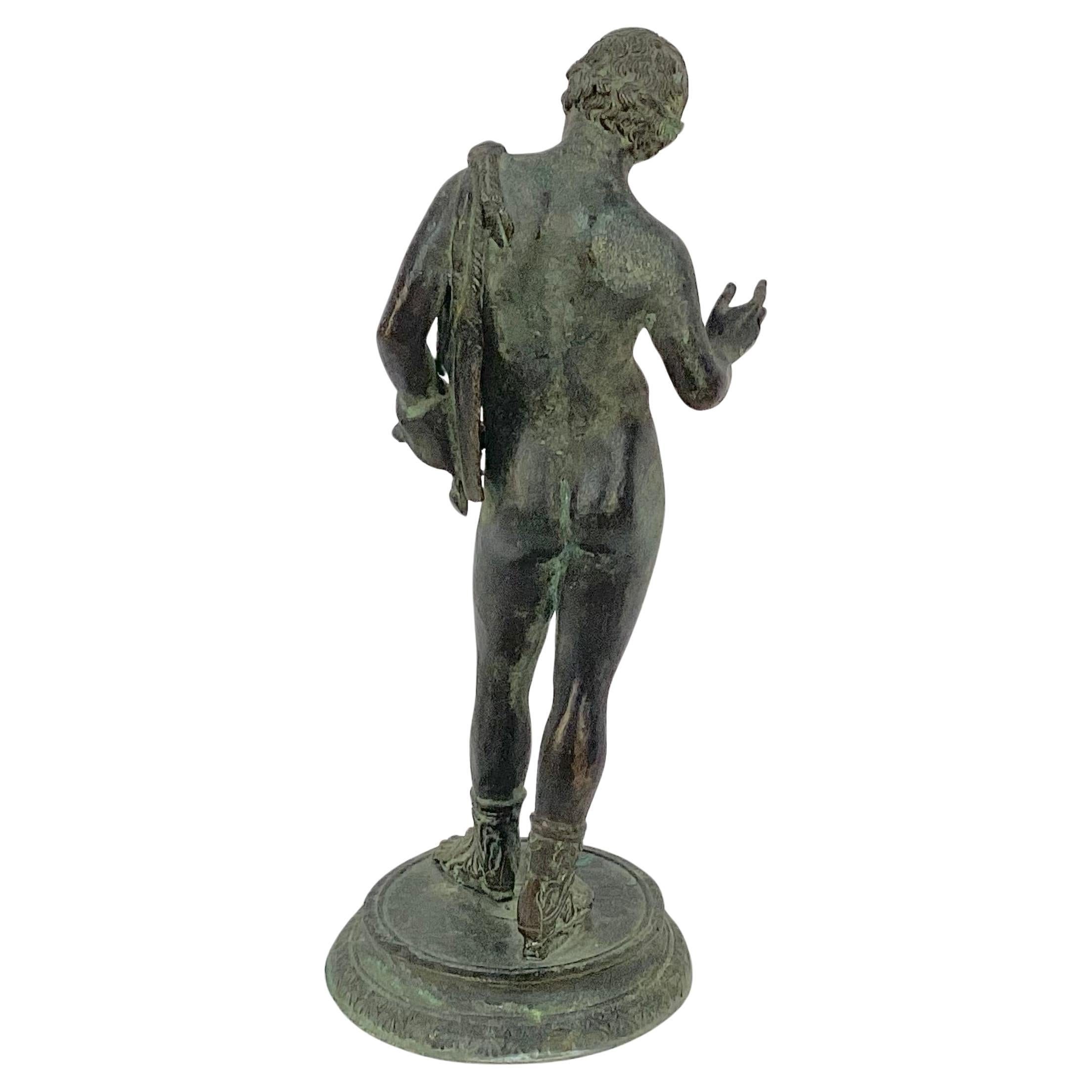 Italian Grand Tour Classical Verdigris Bronze Sculpture of Narcissus For Sale 1
