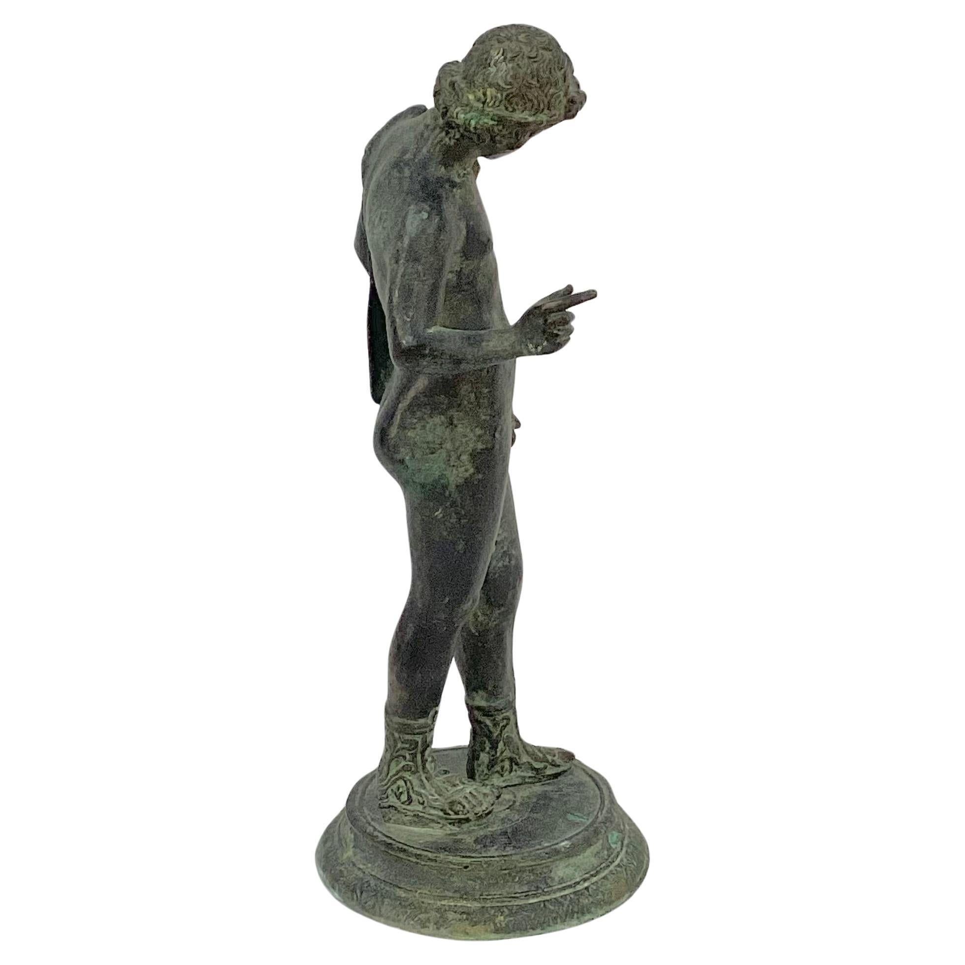 Italian Grand Tour Classical Verdigris Bronze Sculpture of Narcissus For Sale 2
