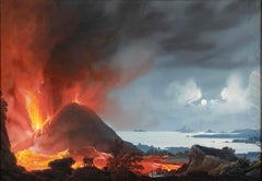 Italian Grand Tour Gouache of Mount Vesuvius Erupting at Night, Circa 1872