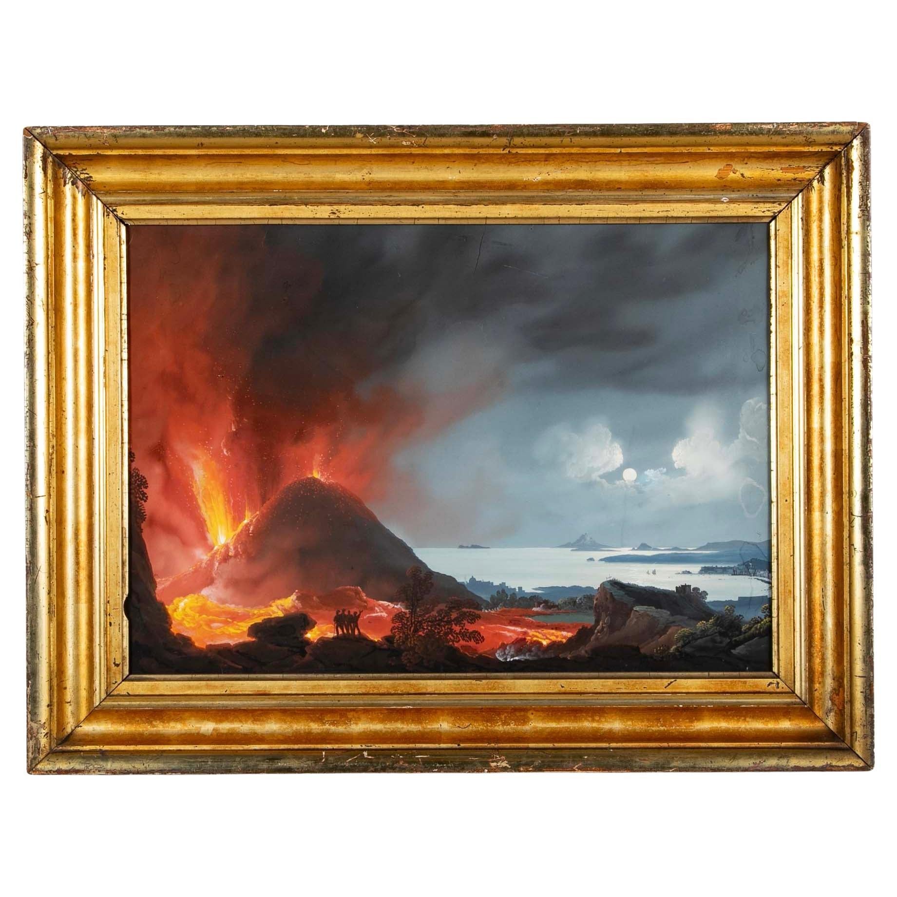 Gouache du Grand Tour d'Italie représentant le mont Vésuve en éruption nocturne, vers 1872