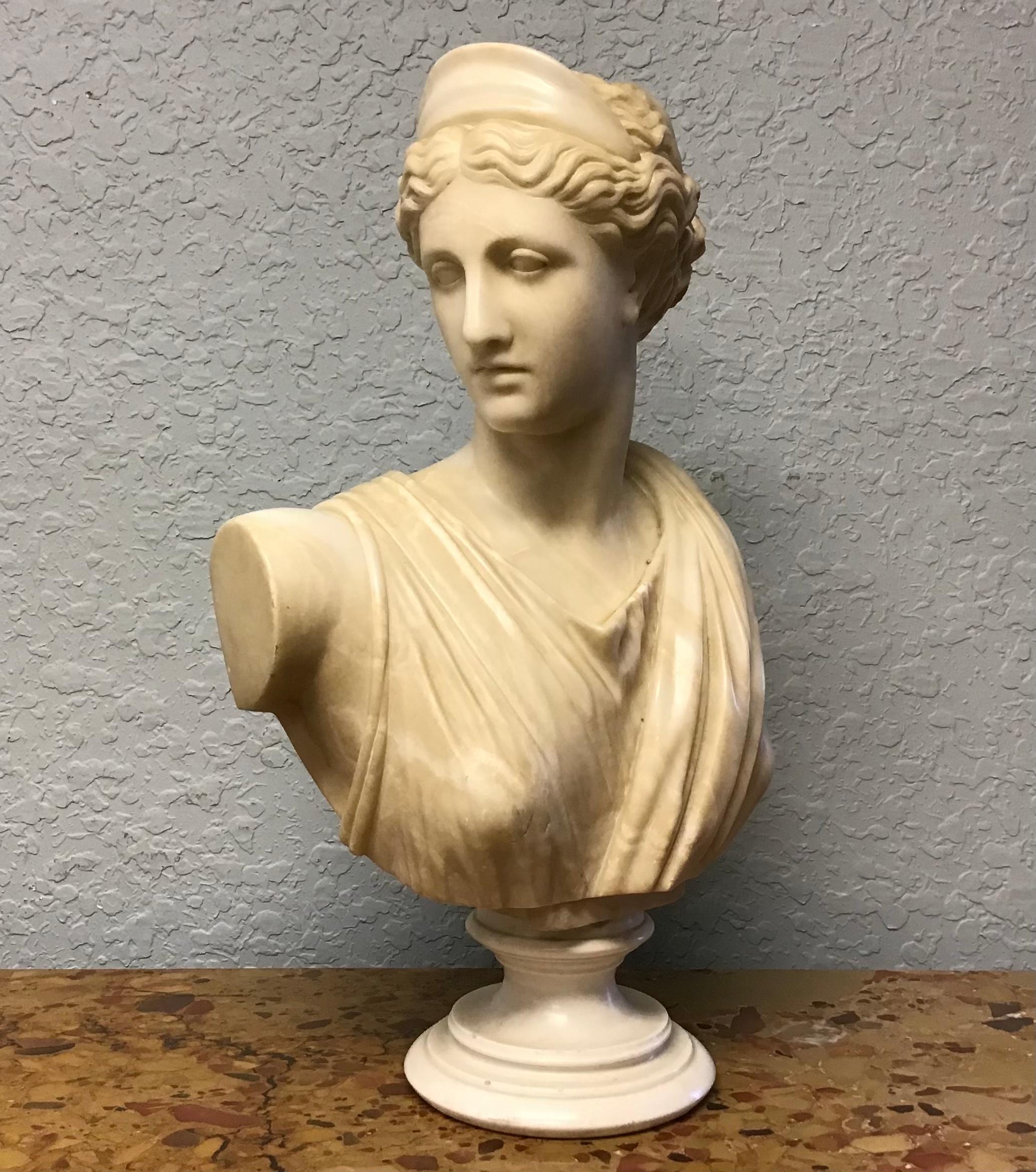 This finely sculpted marble bust of the goddess, Diana, after the original by Leochares, is unsigned and dates from the early 20th century. In very good condition. Measures: 19.2 x 1

This is an exceptional work after Diana the Huntress, the