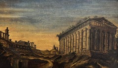 Peinture à l'huile italienne Grand Tour des années 1800 représentant le temple Thésée Athènes dans un paysage