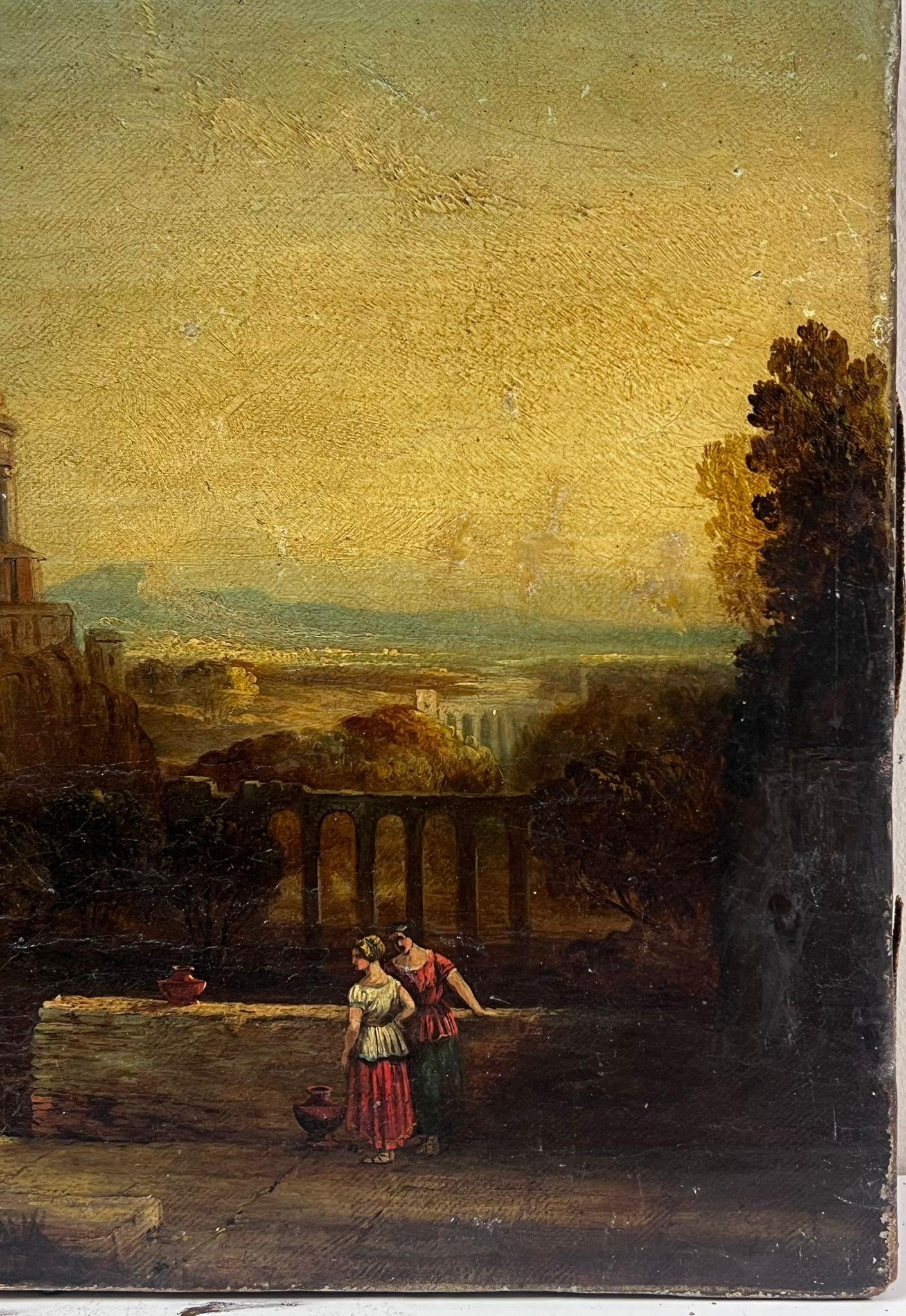 Fine 1800's Italian Grand Tour Oil Painting Figures before Classical Buildings For Sale 2