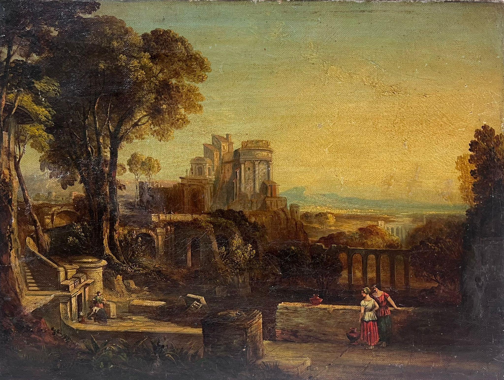 Italian Grand Tour Landscape Painting – Italienische Grand Tour, Ölgemälde, Figuren vor klassischen Gebäuden, 1800er Jahre, Italienische Grand Tour