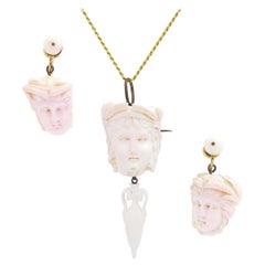 Italian Grand Tour Period Angel Skin Coral Earrings and Brooch Pendant
