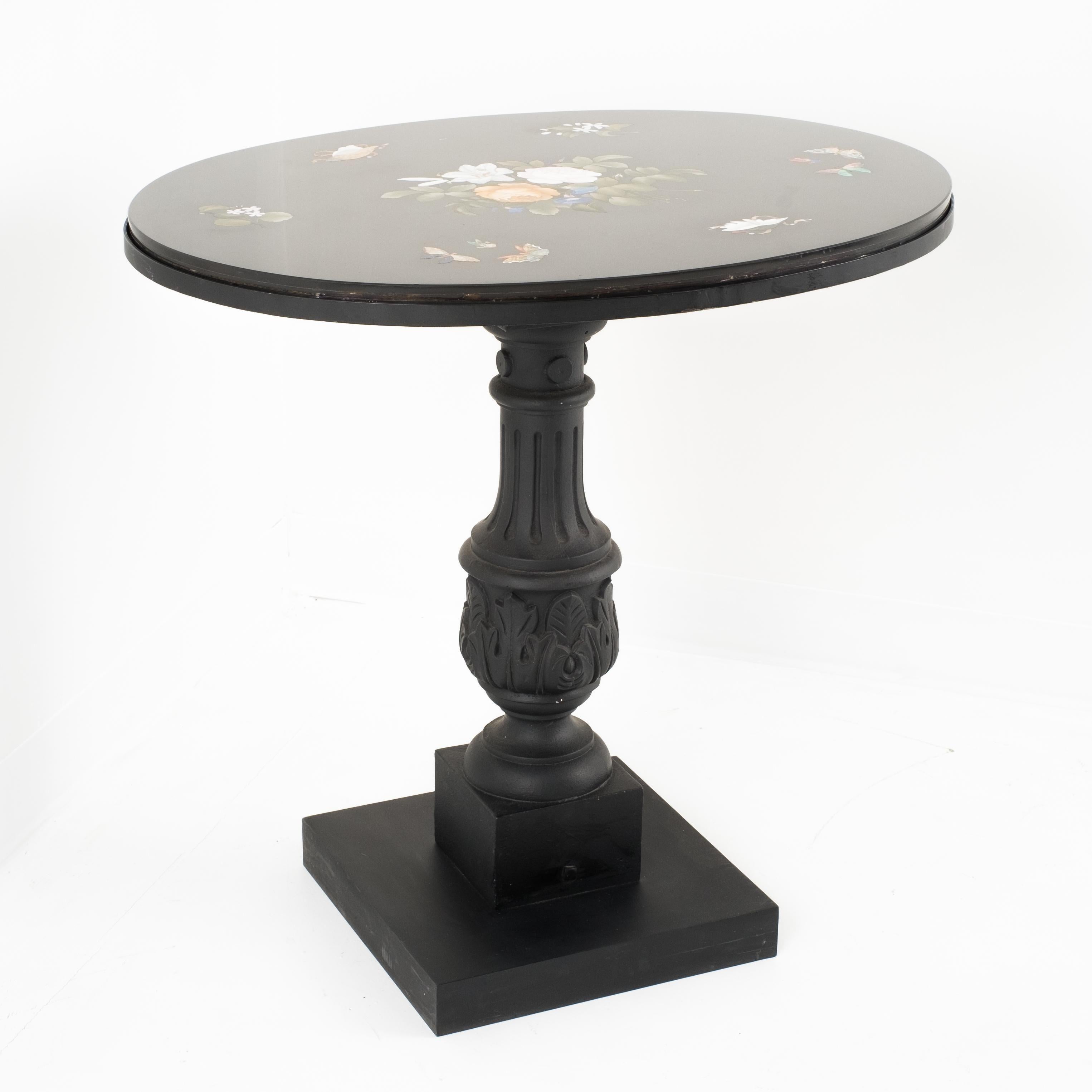 French Italian Grand Tour Pietra Dura Oval Table Top on Cast Iron Base For Sale