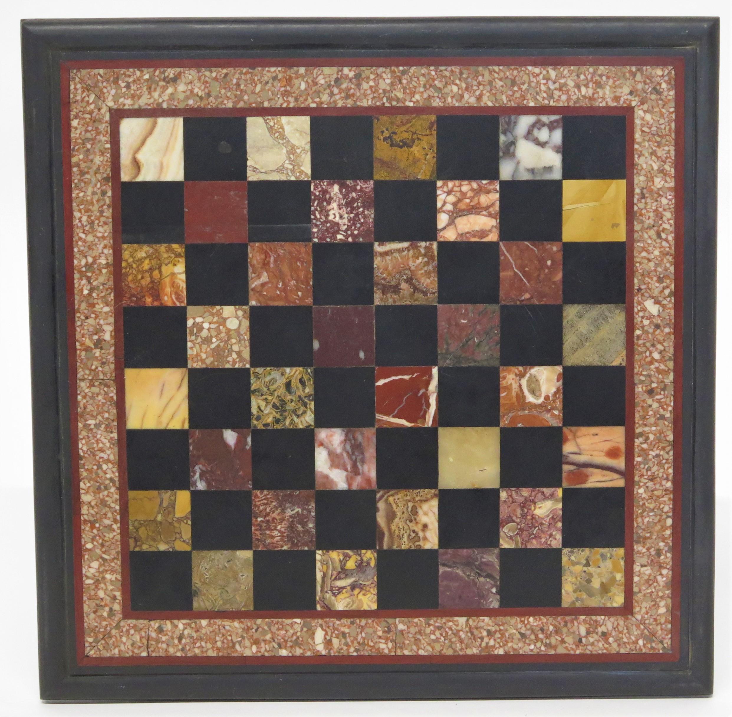 Italian Grand Tour pietra dura specimen marble chess / checkers game board, rare and ancient marble squares, Italy, 1820s