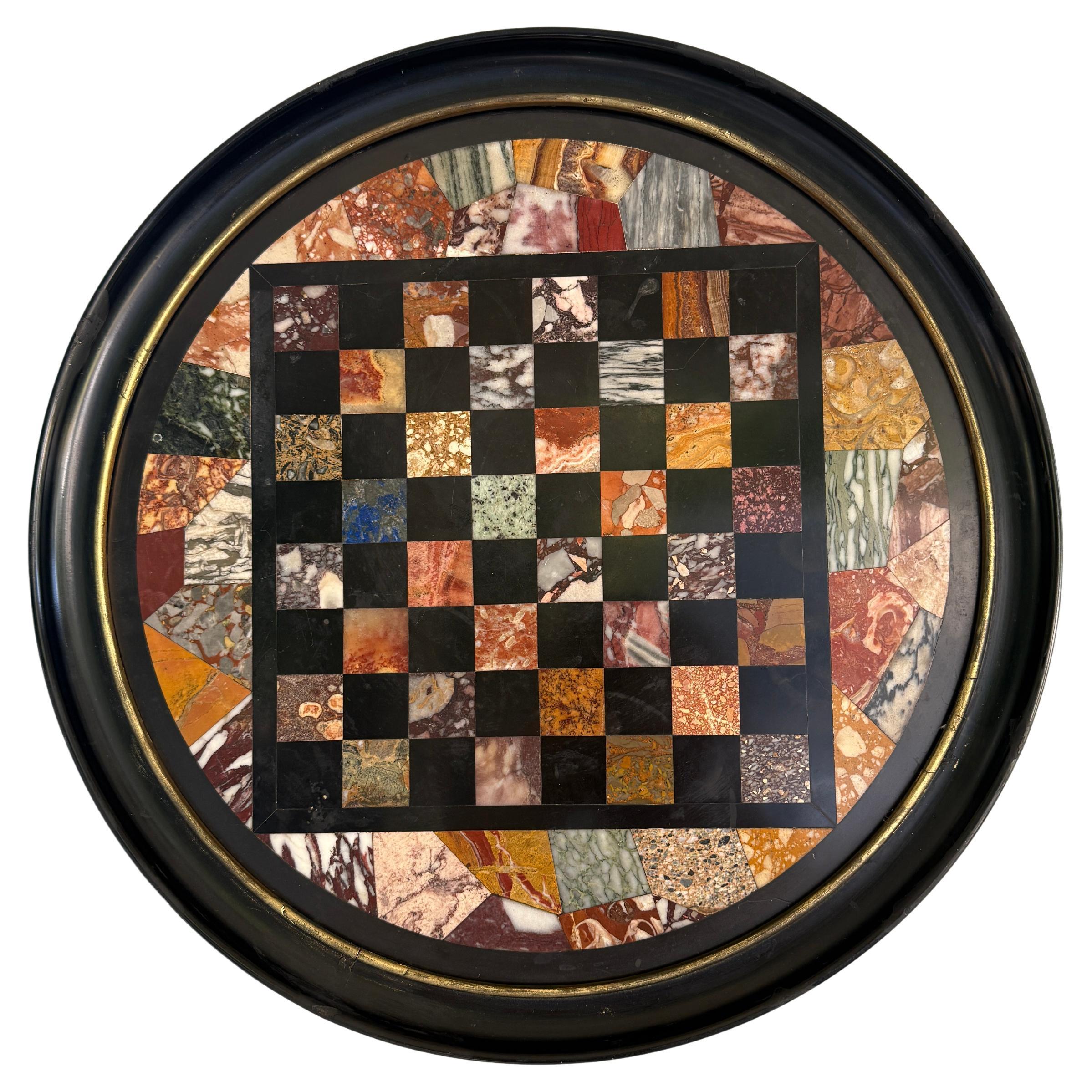 Italian Grand Tour Specimen Marble Circular Chessboard Plaque Pietra Dura 19th C en vente