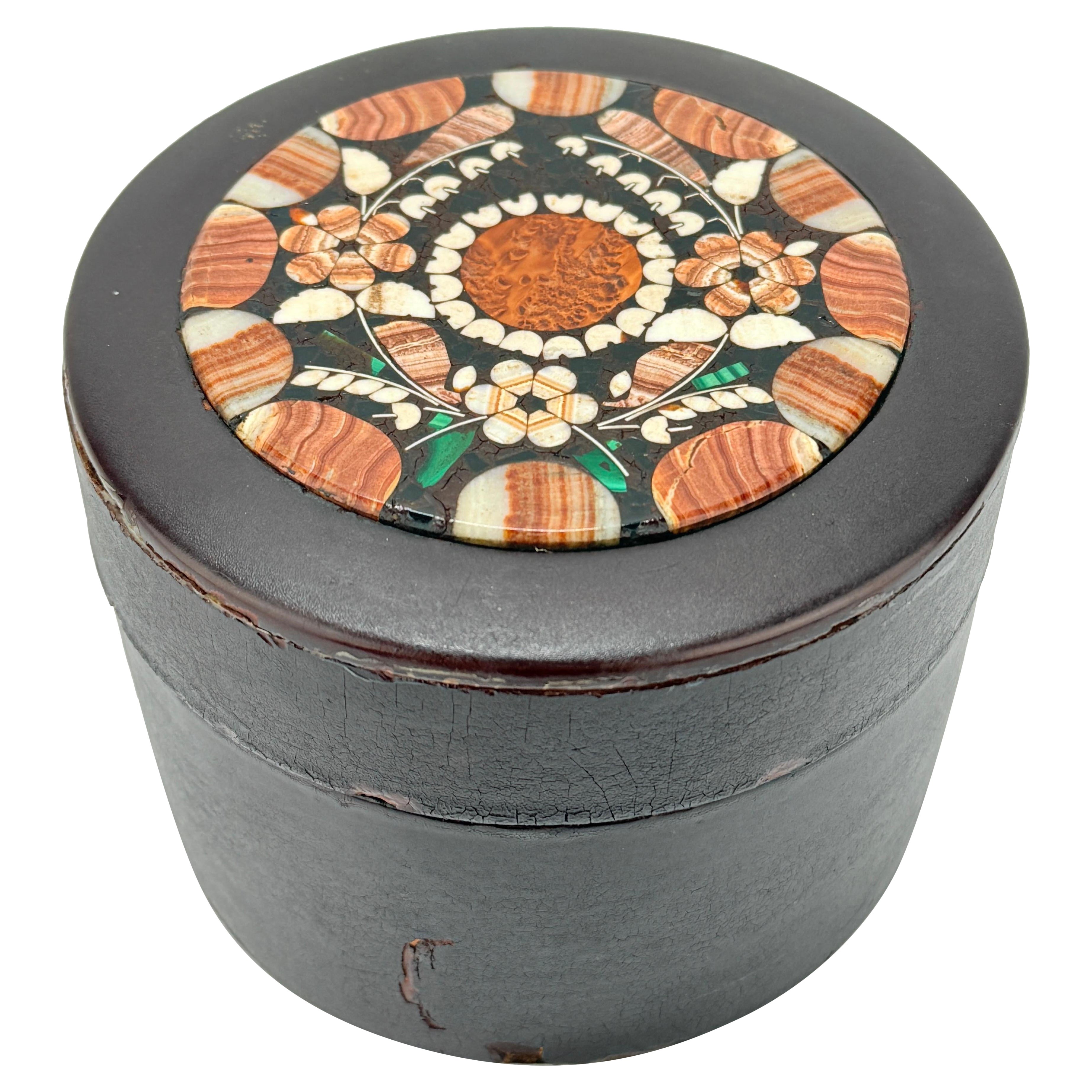 Italian Grand Tour Style, Pietra Dura & Leather Humidor Or Vanity Box