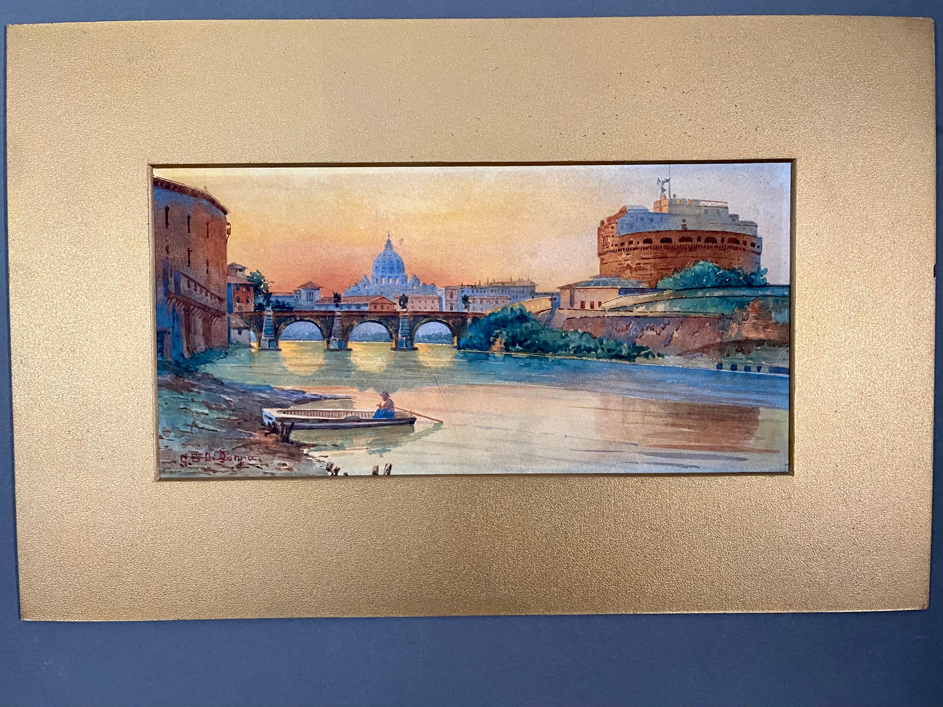 Important watercolor painting representing a beautiful view of Rome with the Tiber, Castel Sant'Angelo and the dome of St. Peter's in the background.
A typical work in the vein of the Grand Tour, this is a beautiful painting with very intense