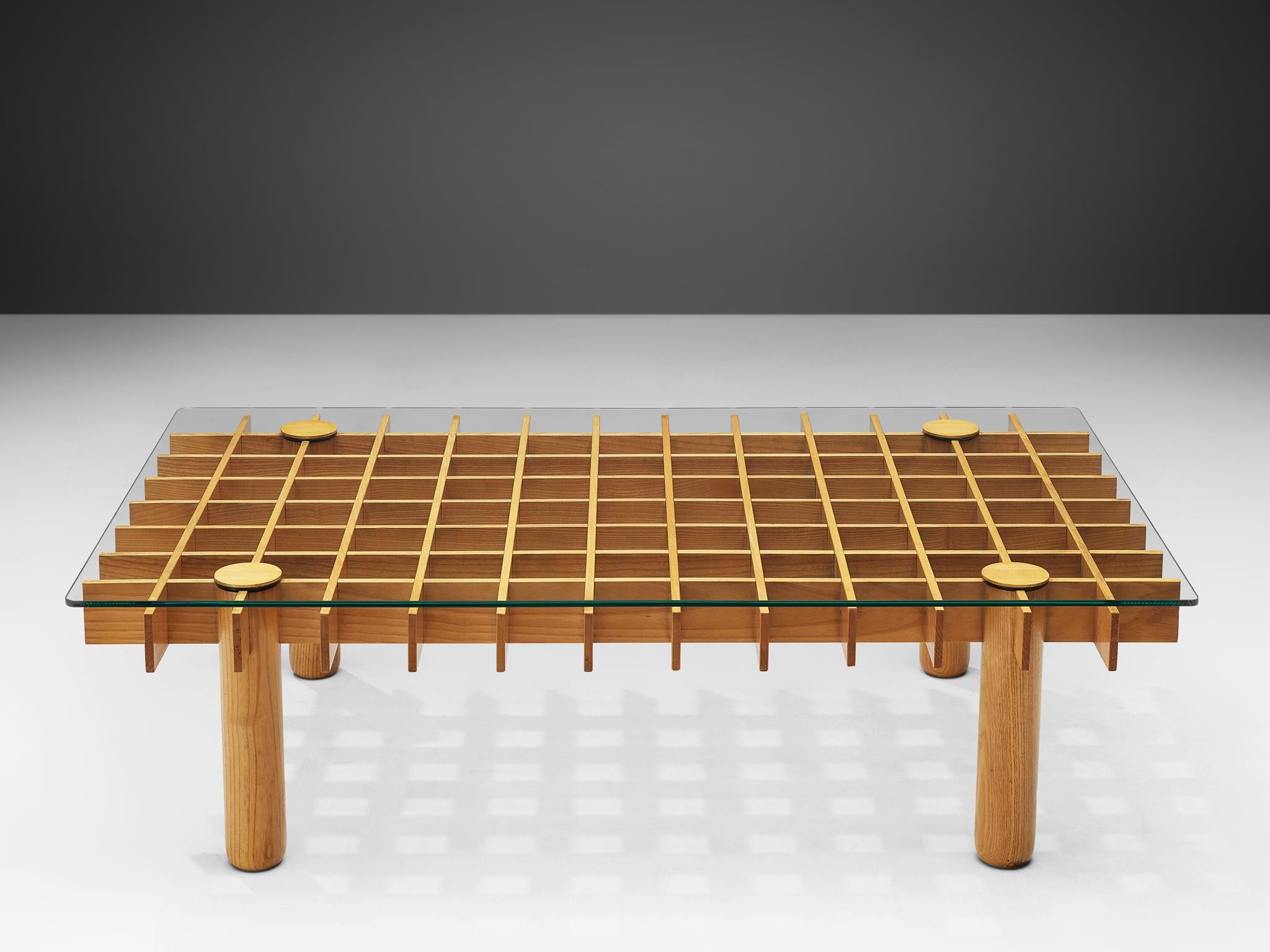 Mid-Century Modern Italian Graphical Coffee Table in Maple and Glass