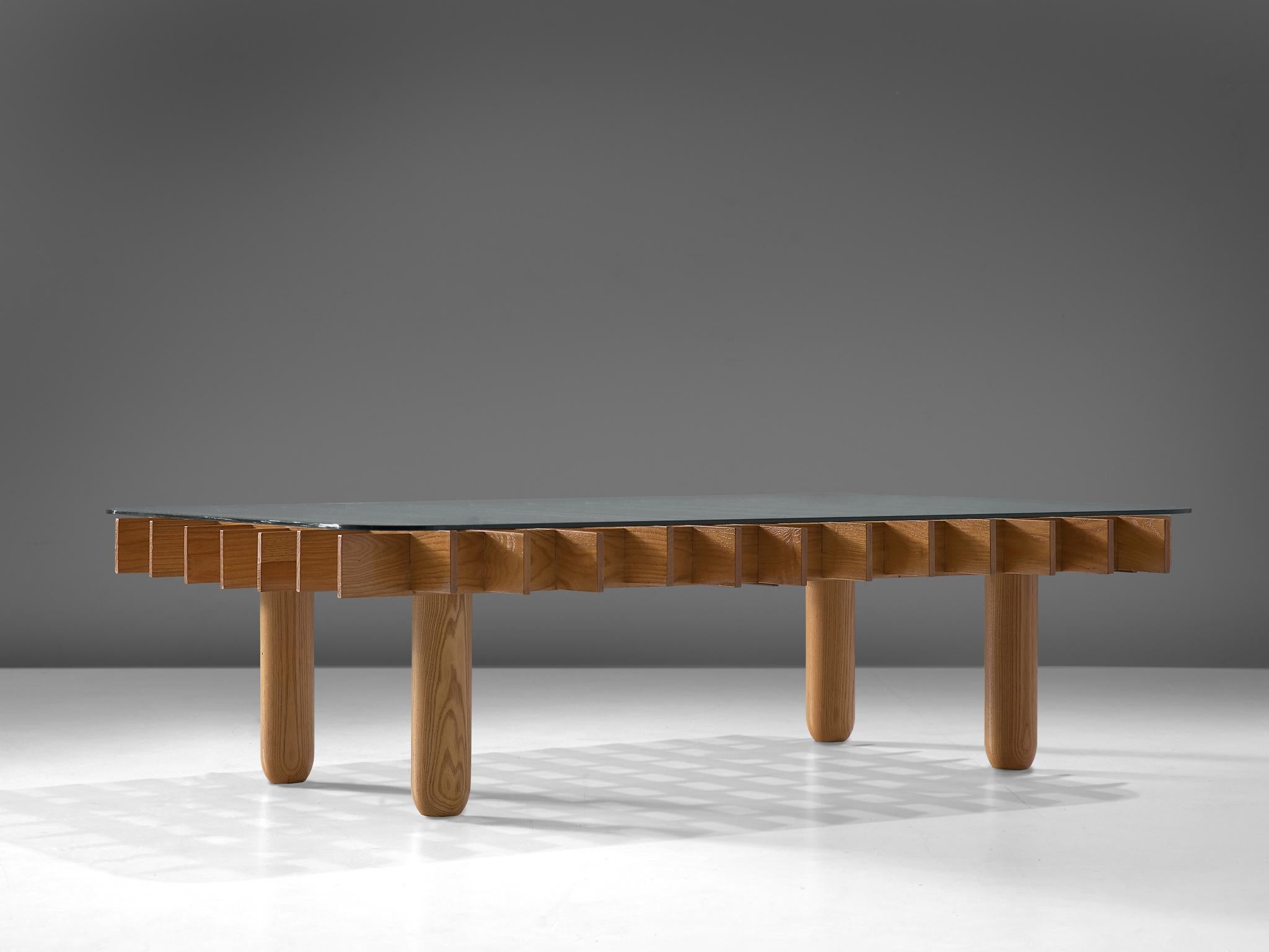 Mid-Century Modern Italian Graphical Coffee Table in Oak and Glass