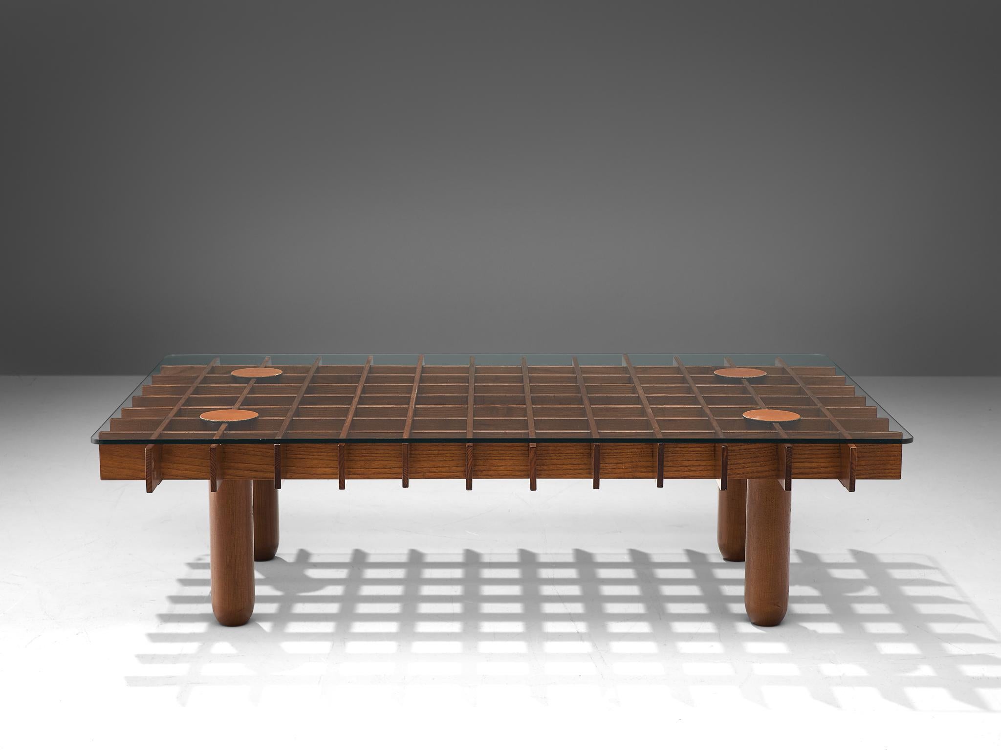Mid-Century Modern Italian Graphical Coffee Table in Oak and Glass