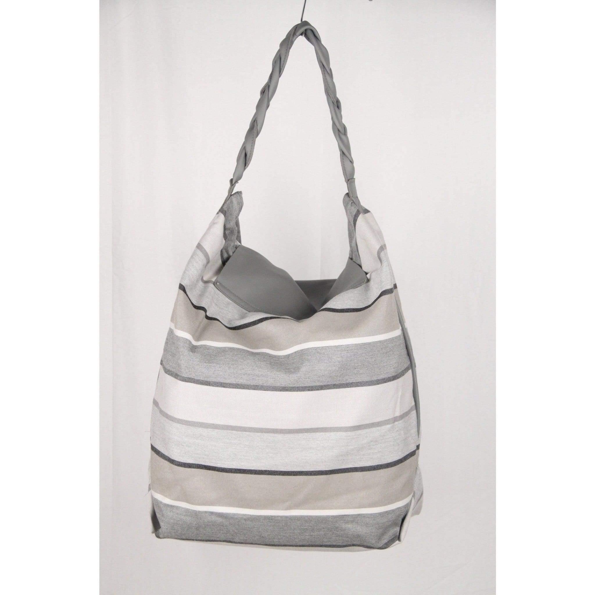 Women's ITALIAN Gray Striped Fabric & Leather LARGE Flap TOTE