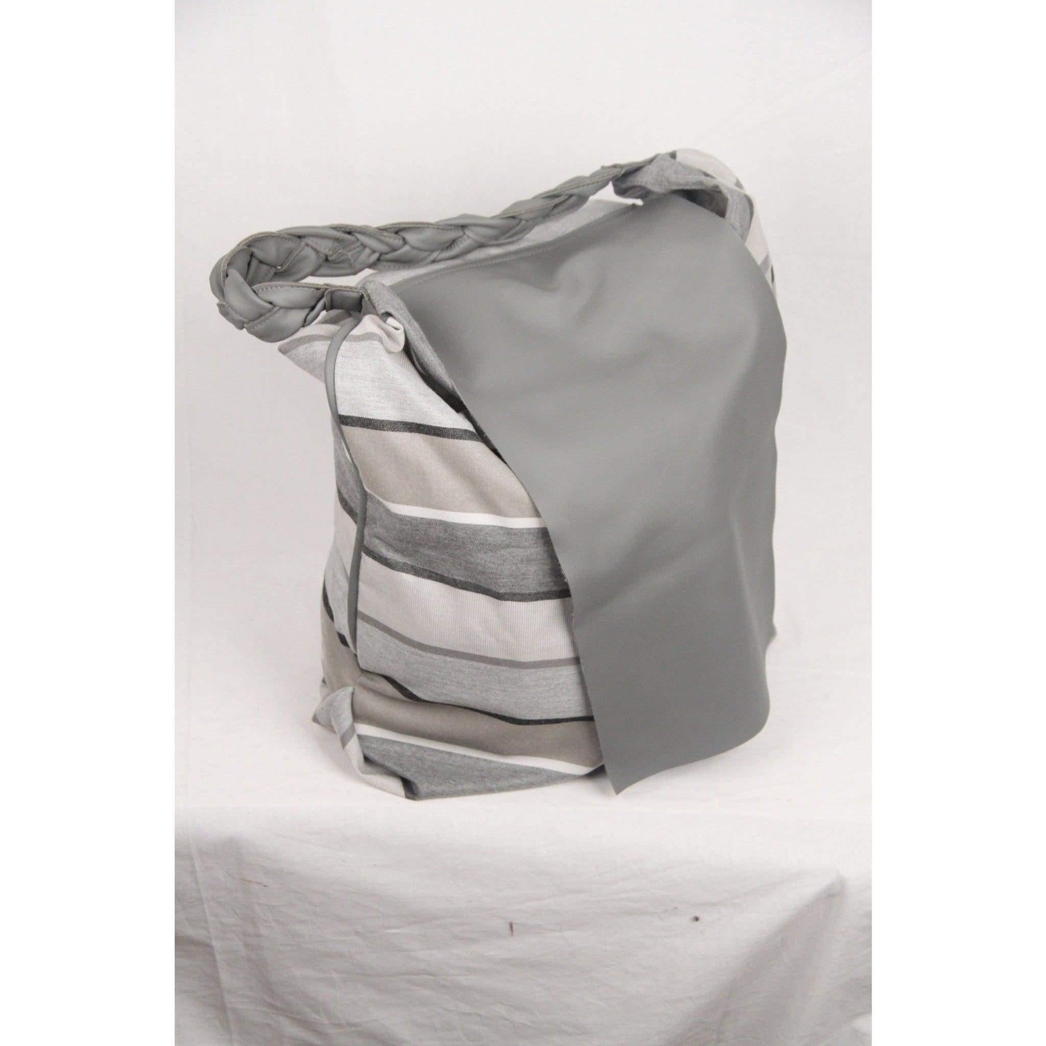 ITALIAN Gray Striped Fabric & Leather LARGE Flap TOTE 1