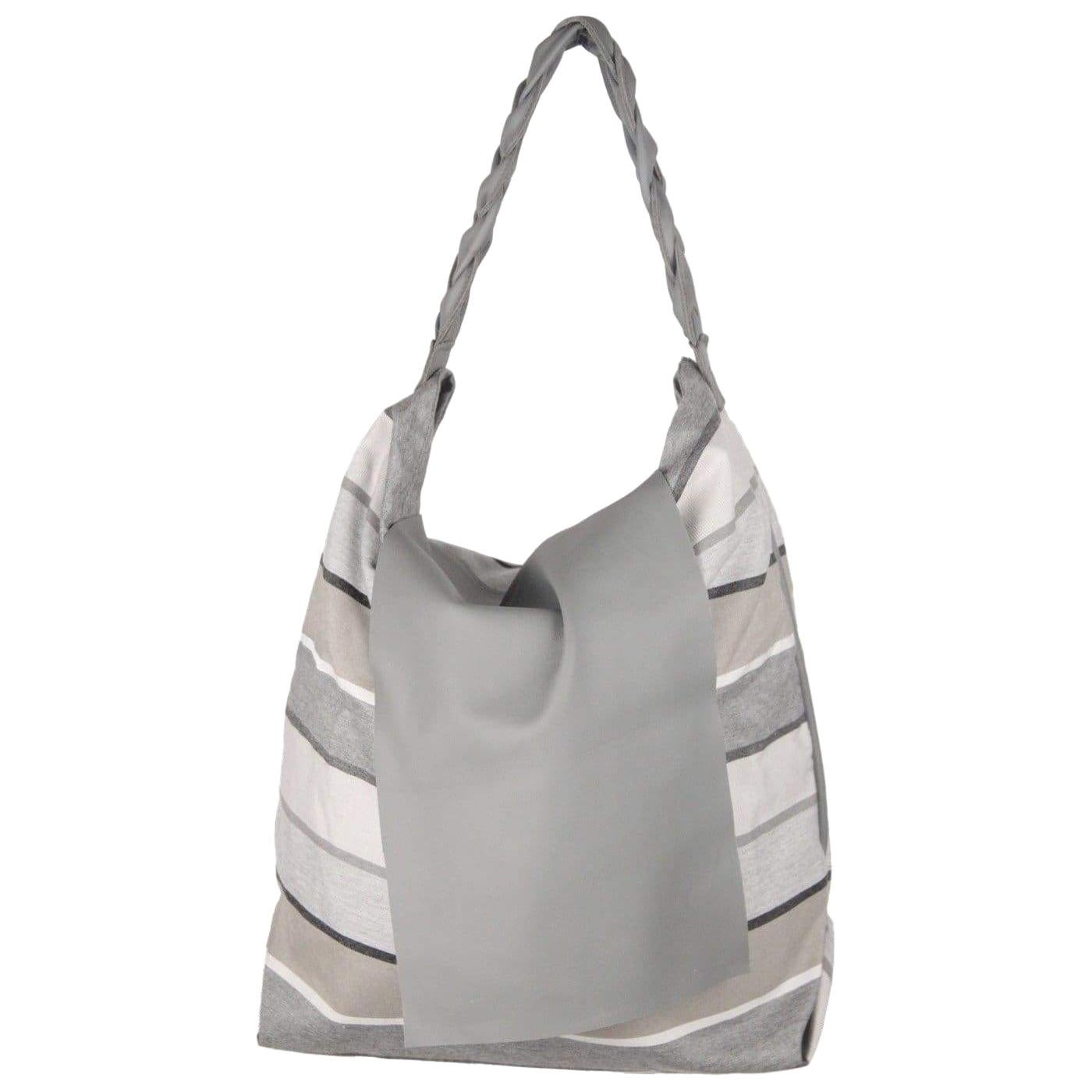 ITALIAN Gray Striped Fabric & Leather LARGE Flap TOTE